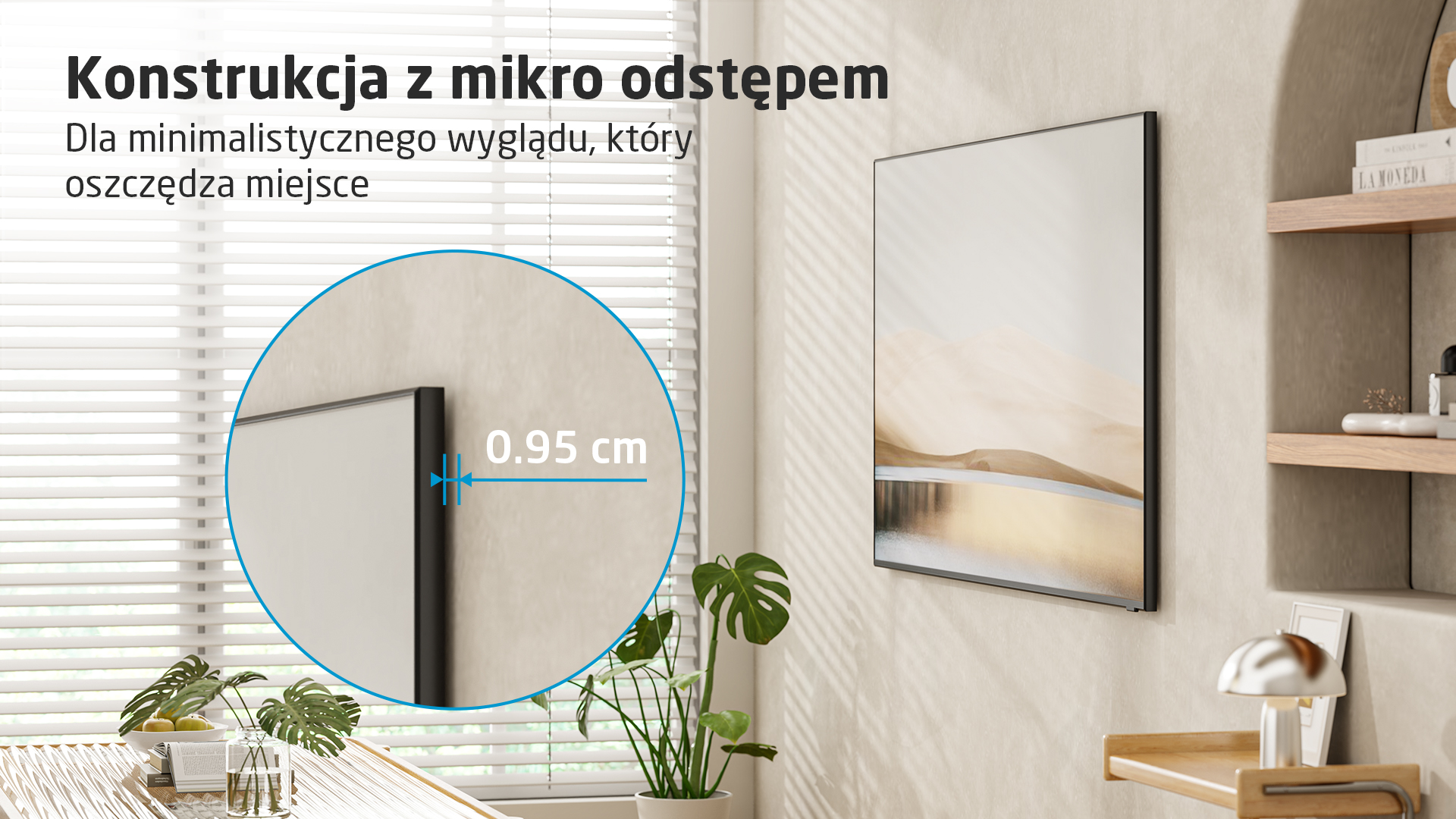 Minimalistyczny telewizor z odstępem 0,95 cm od ściany. Obraz z motywem krajobrazu.