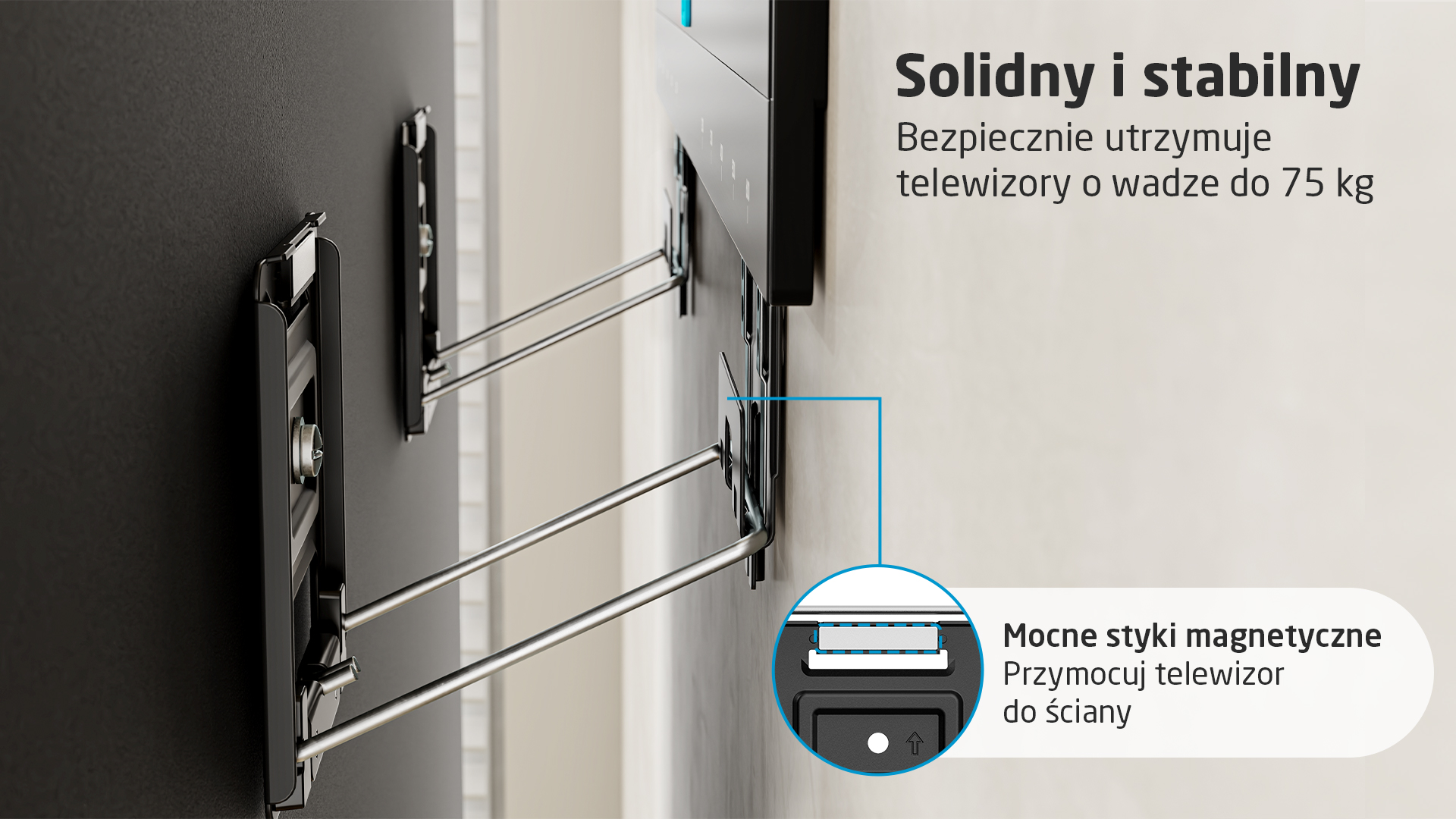 Solidny uchwyt TV z magnetycznymi stykami, do 75 kg.