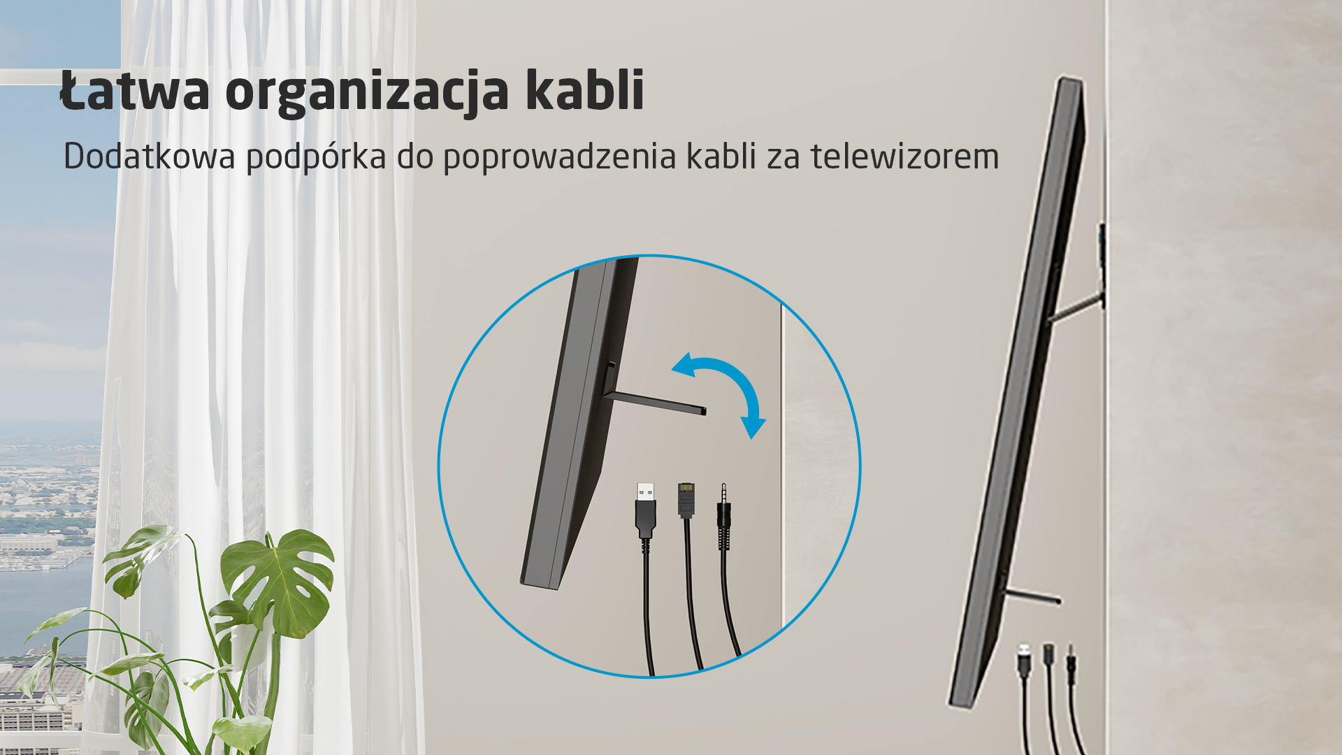Telewizor z uchwytem do zarządzania kablami i różnymi kablami.