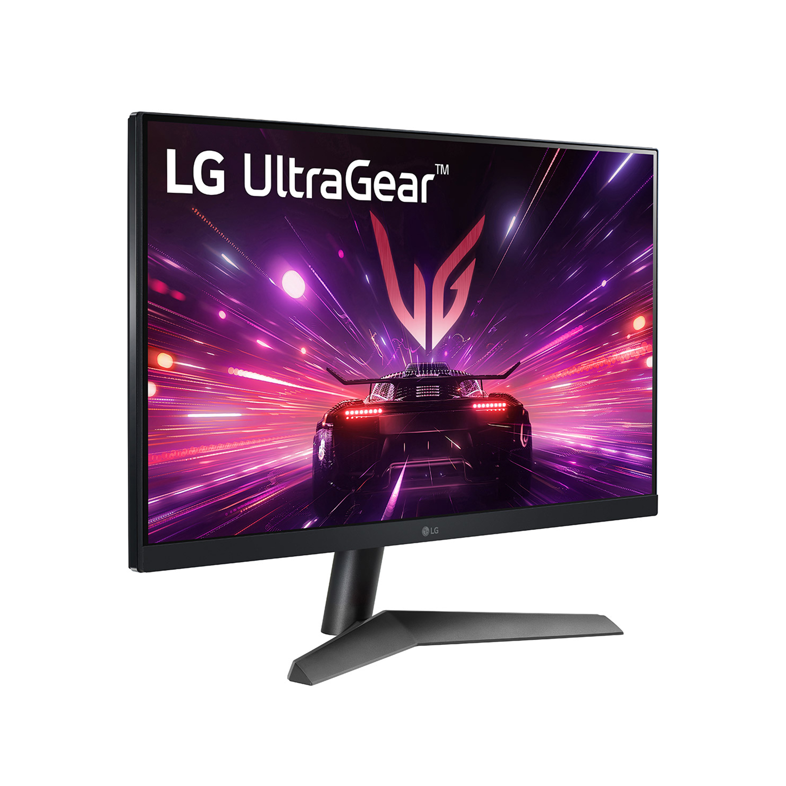 Monitor gamingowy LG UltraGear wyświetla fioletowe i różowe tło gry wyścigowej.