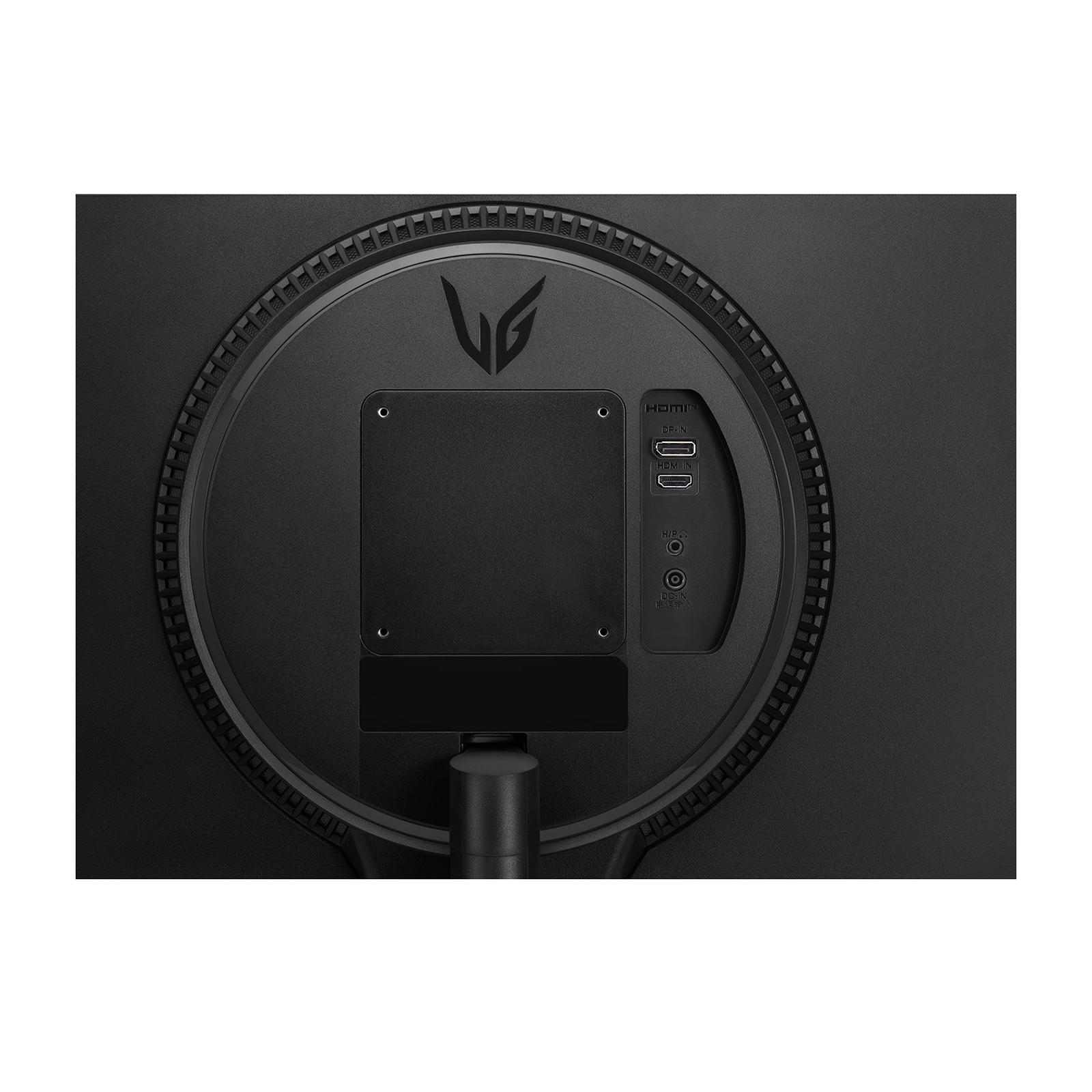 Tył czarnego monitora z portami HDMI, DP-IN i DC-IN.