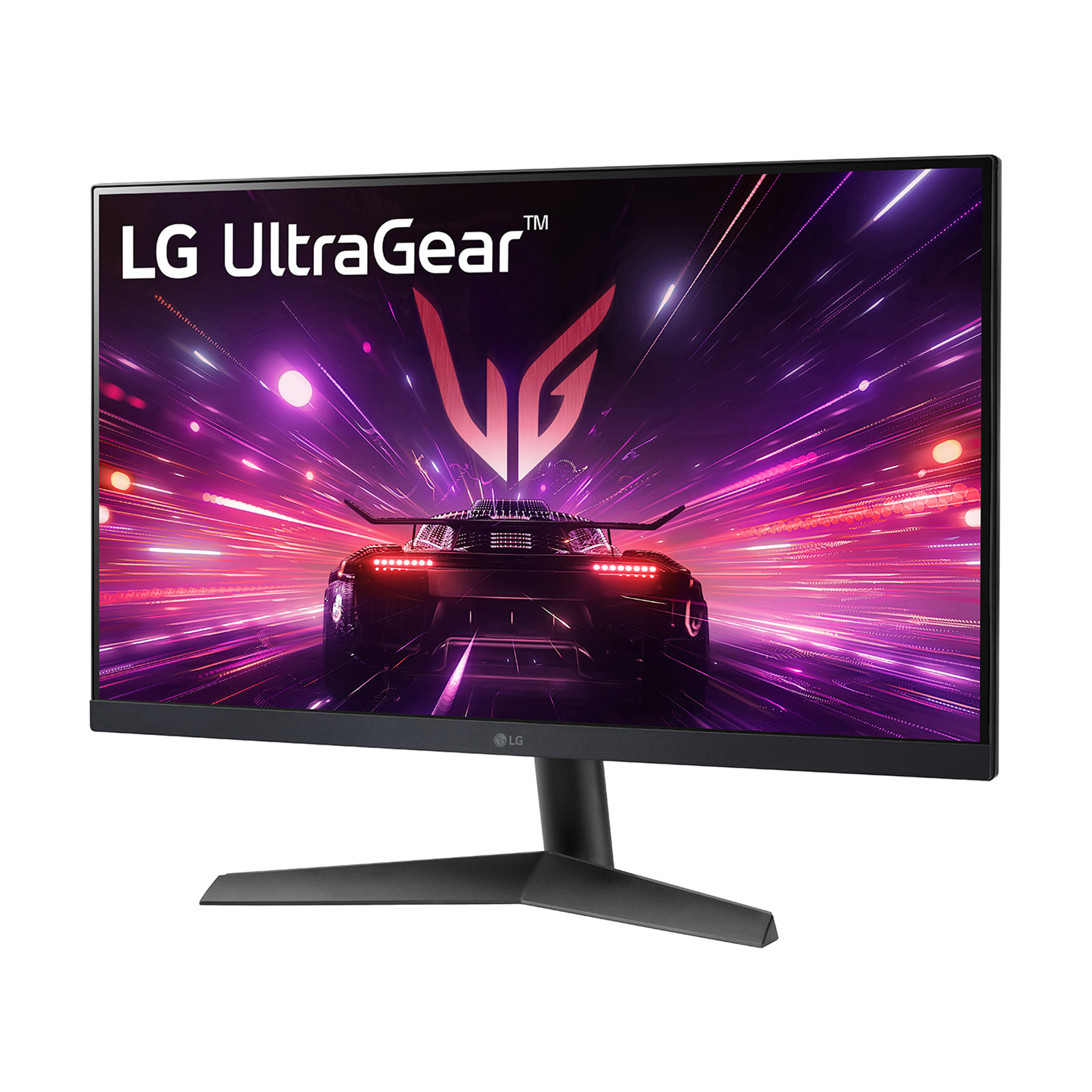 Monitor gamingowy LG UltraGear z samochodem na ekranie w kolorach fioletowym i różowym.