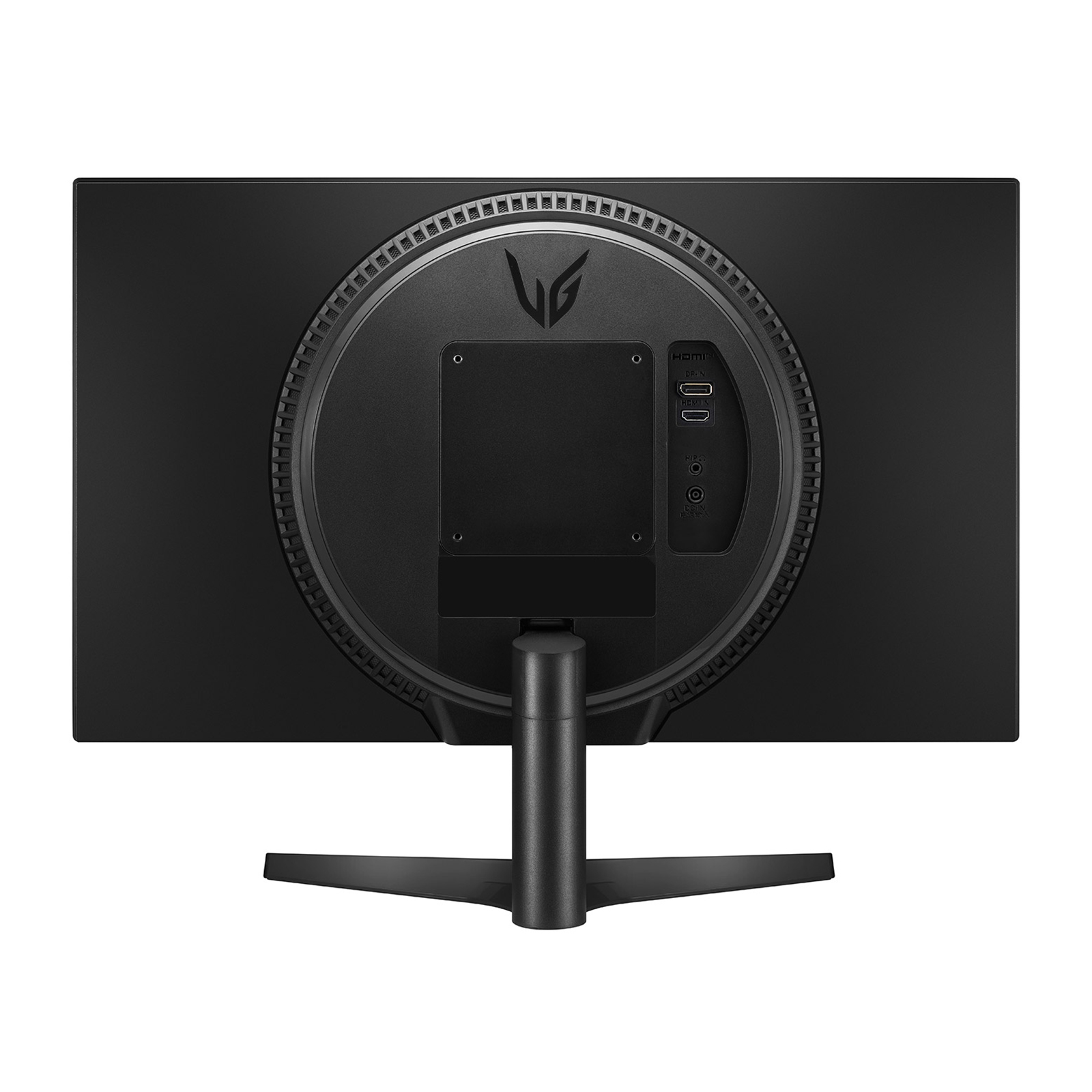 Tył czarnego monitora z portami i podstawką. Widoczne logo LG.