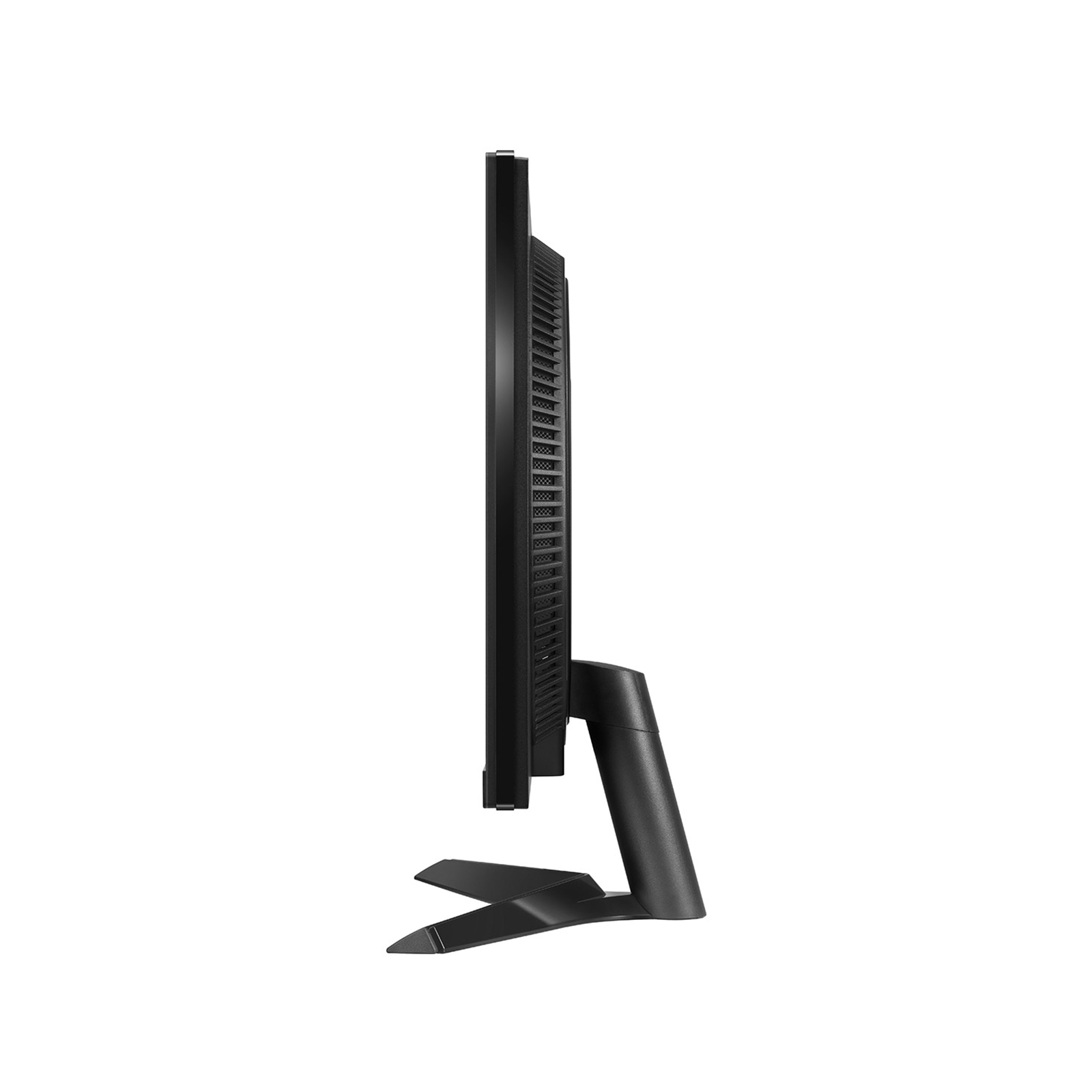 Czarny monitor widziany z boku z podstawą w kształcie litery V.
