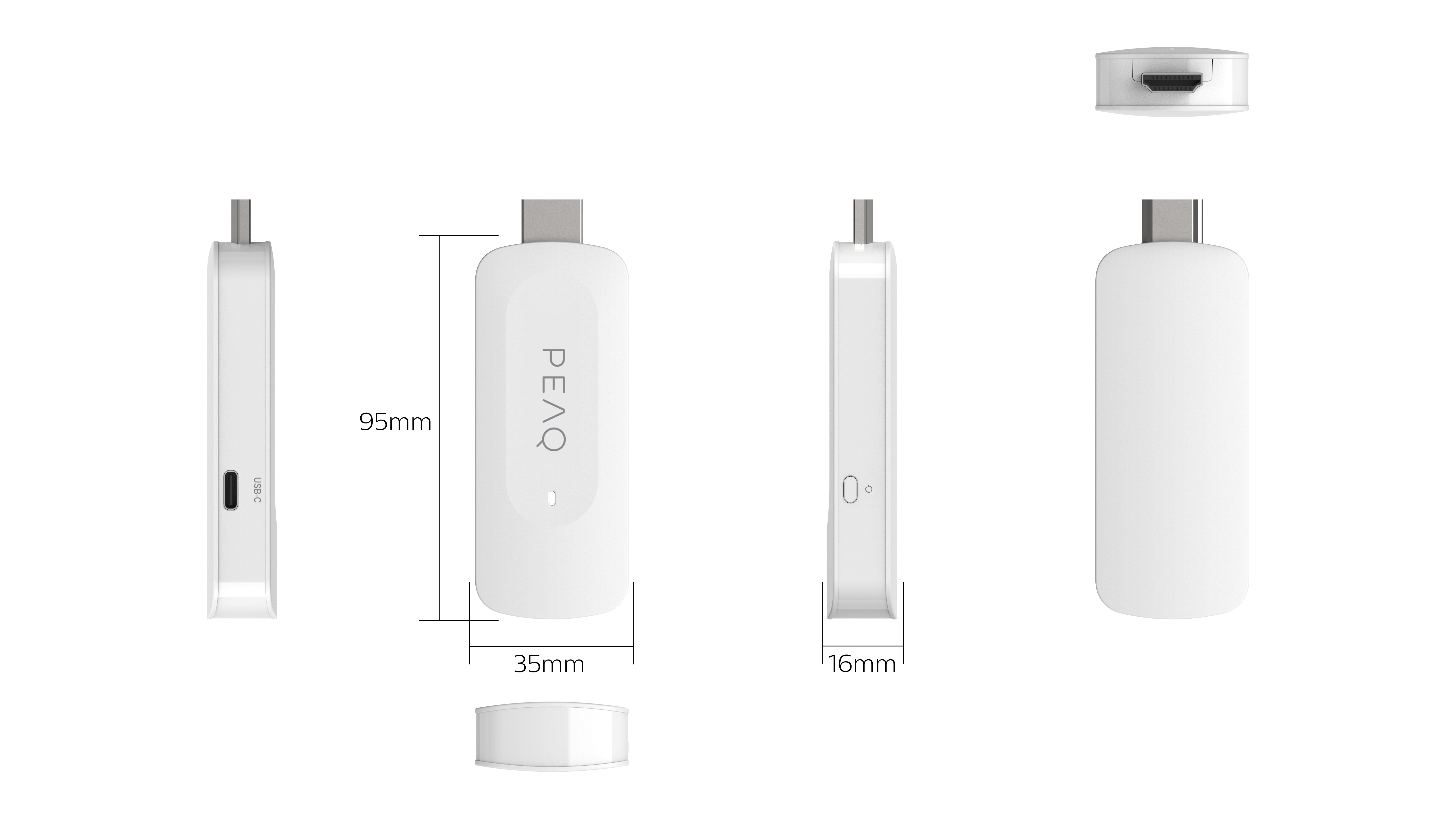 Białe urządzenia PEAQ z portami USB-C i HDMI pokazane pod różnymi kątami.