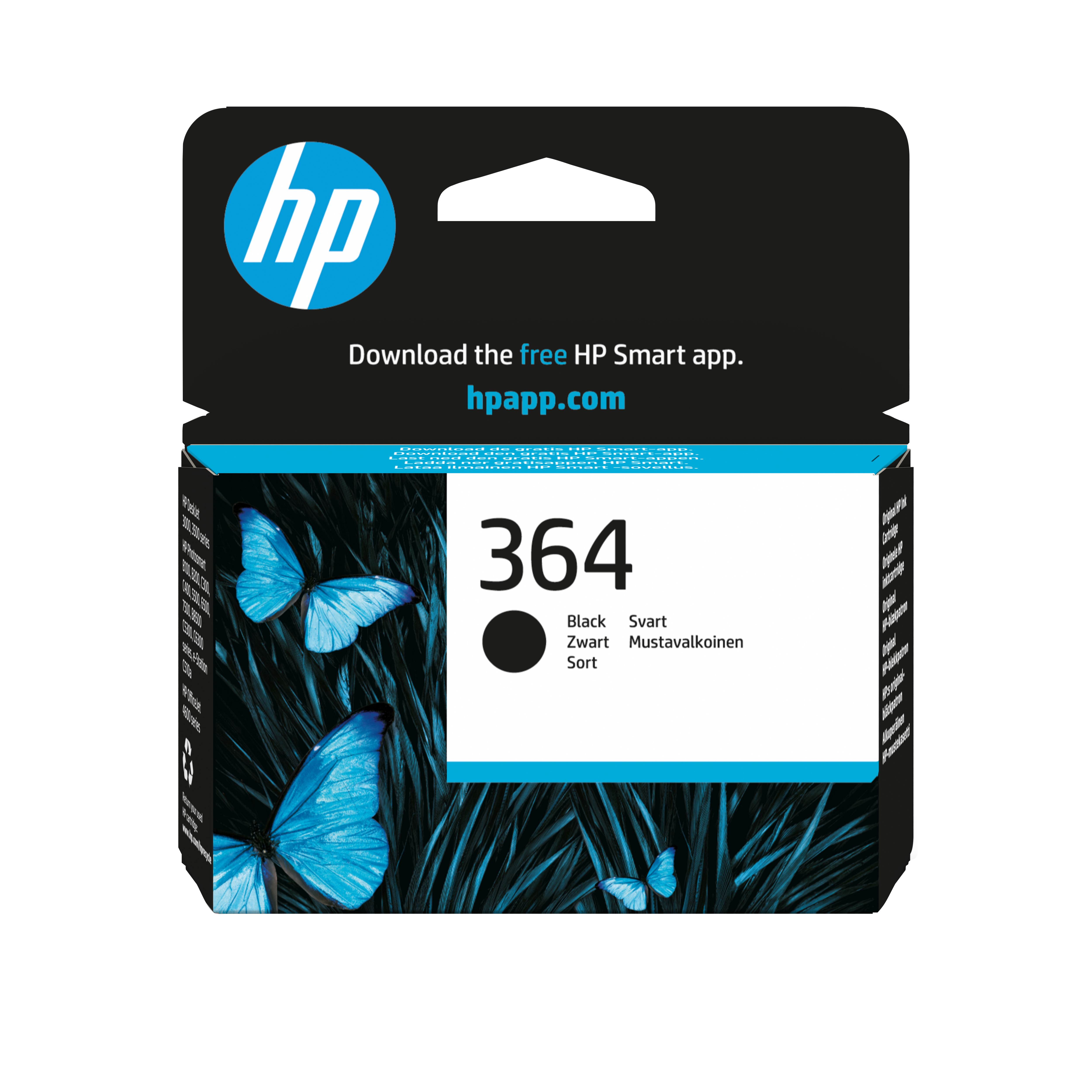 Tusz HP 364 z motylami i trawą.