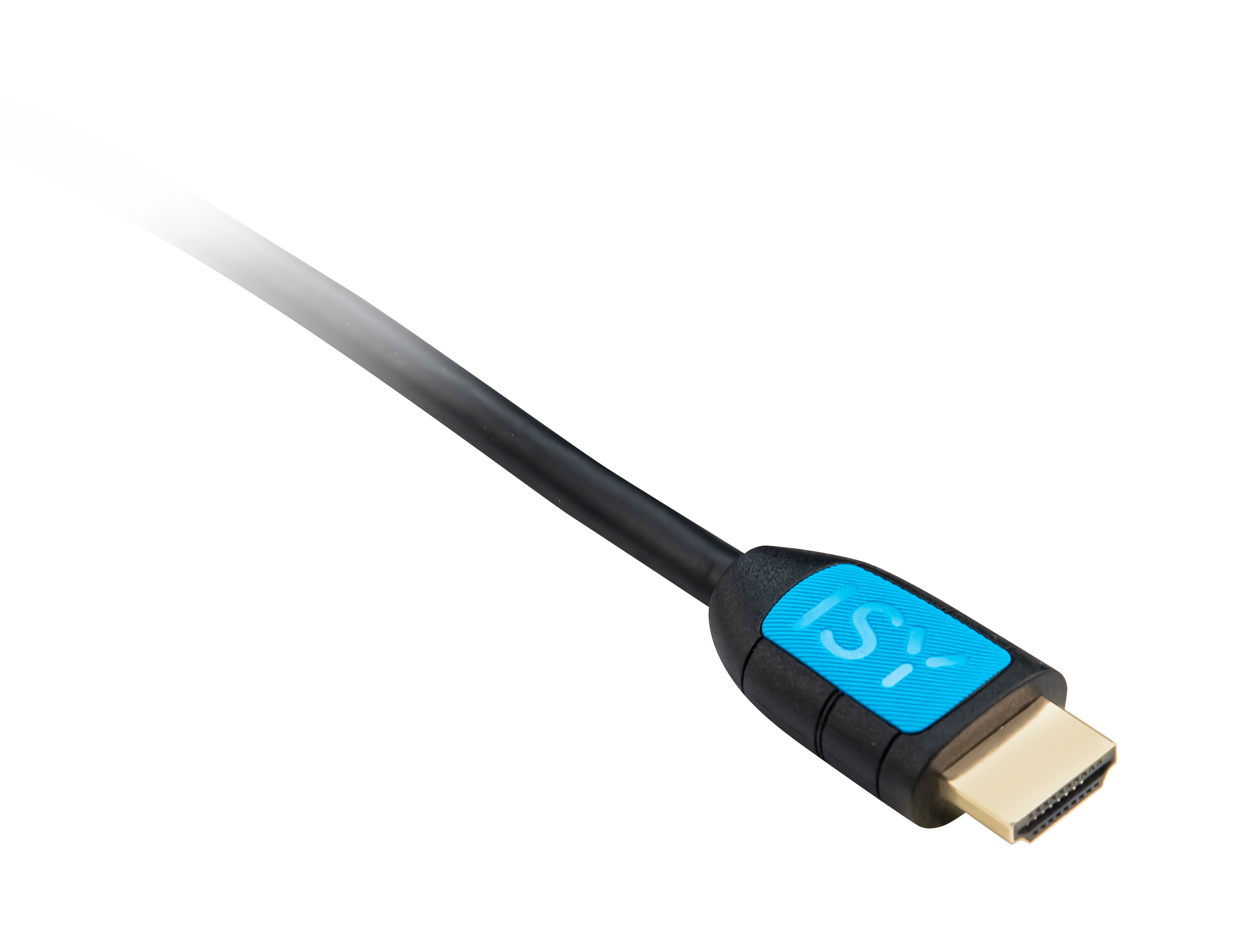 Czarny kabel HDMI ze złotym złączem i niebieskim logo.