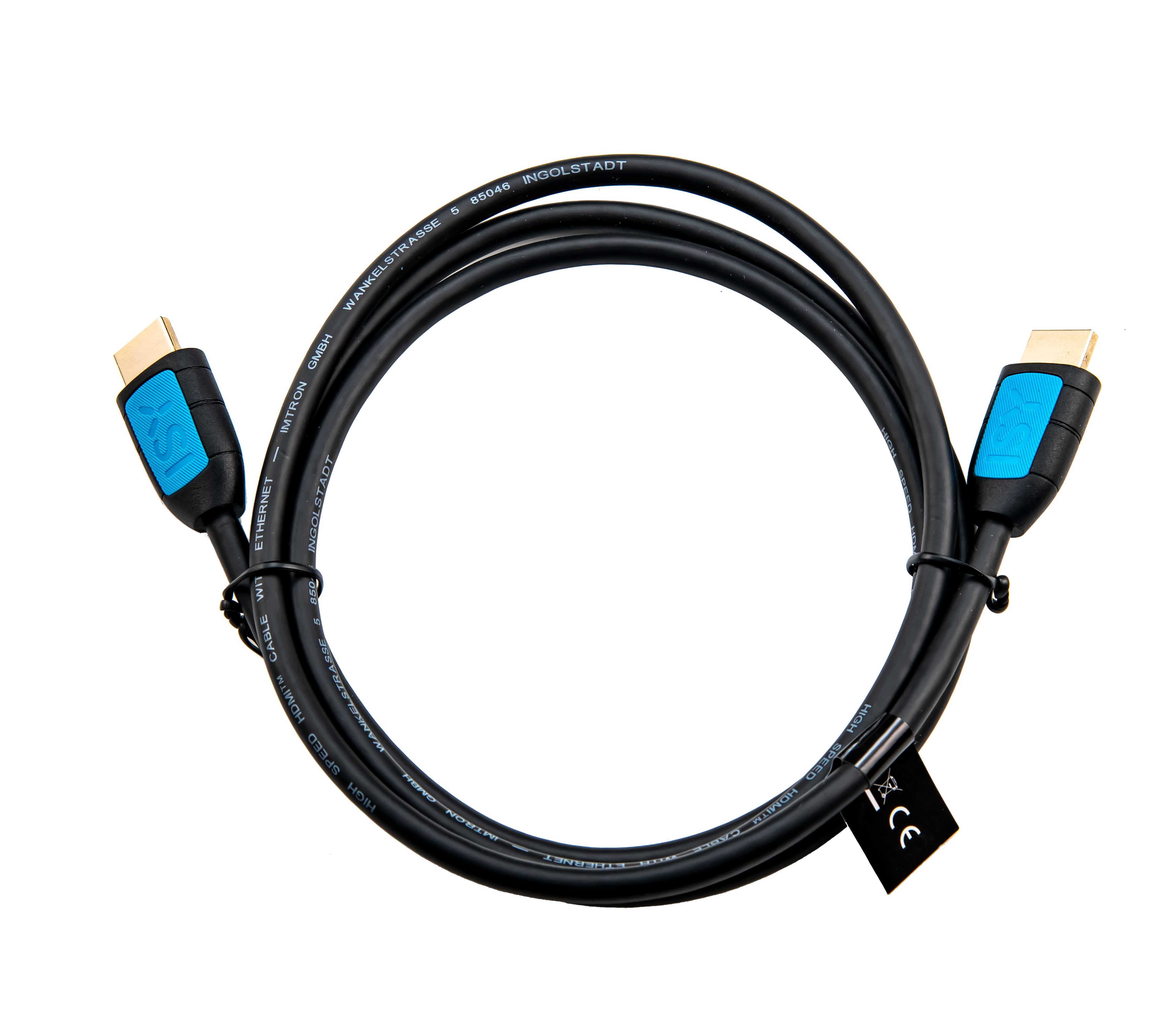Czarny kabel HDMI z niebieskimi złączami i oznaczeniem CE.