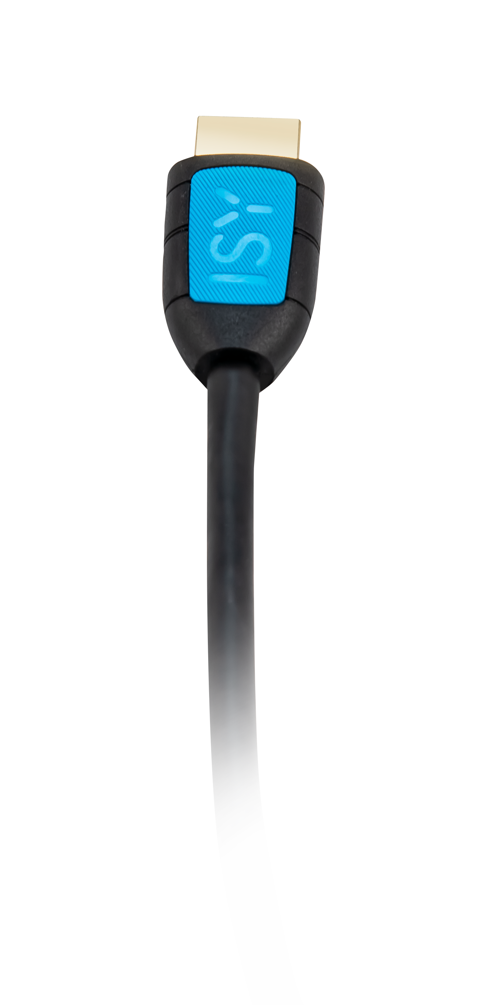 Złącze HDMI z niebieskim logo i złotym stykiem na czarnym kablu.