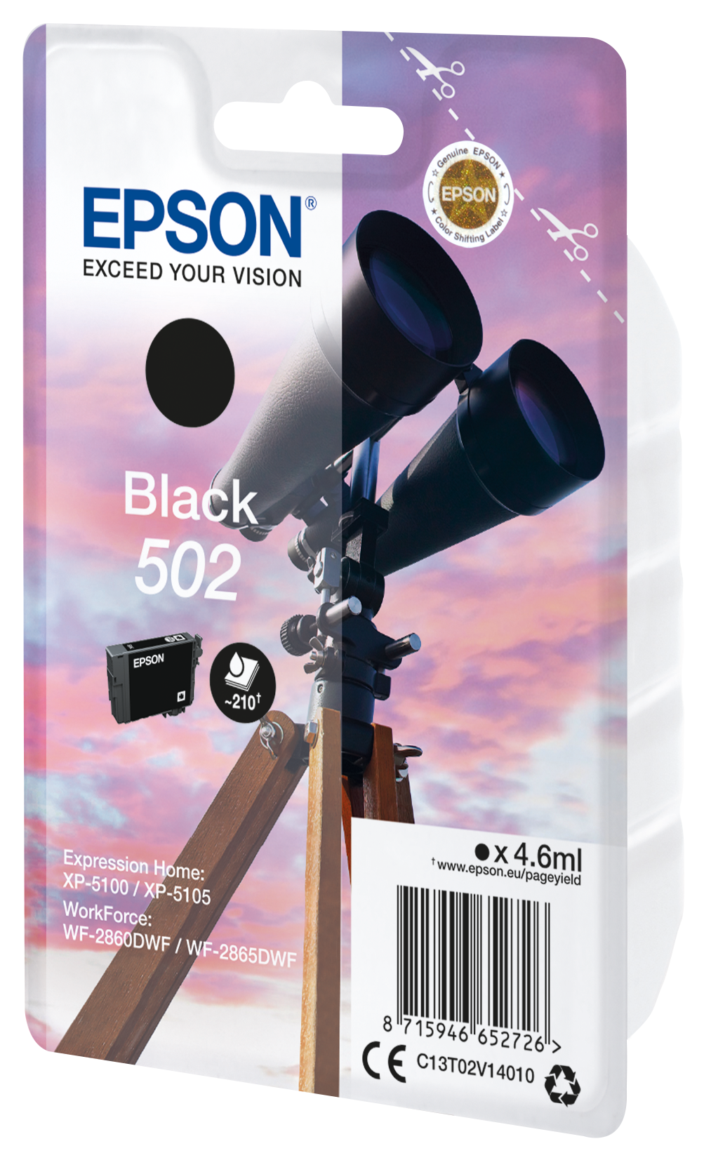 Tusz Epson Black 502 z lornetką i niebem w tle.
