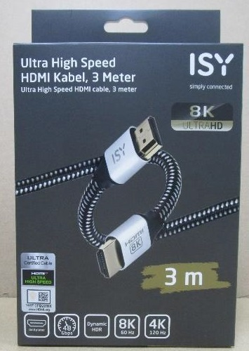Kabel HDMI ISY 3m, 8K Ultra HD, 48 Gbps, Dynamic HDR.
