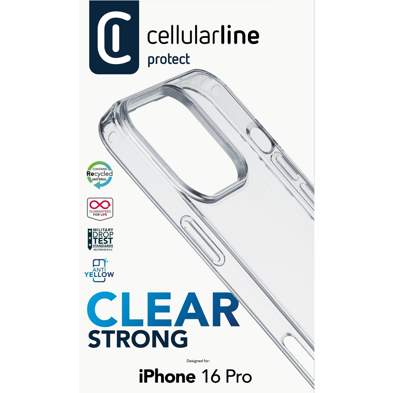 Custodia trasparente per iPhone 16 Pro con sigillo 'Materiale riciclato'.