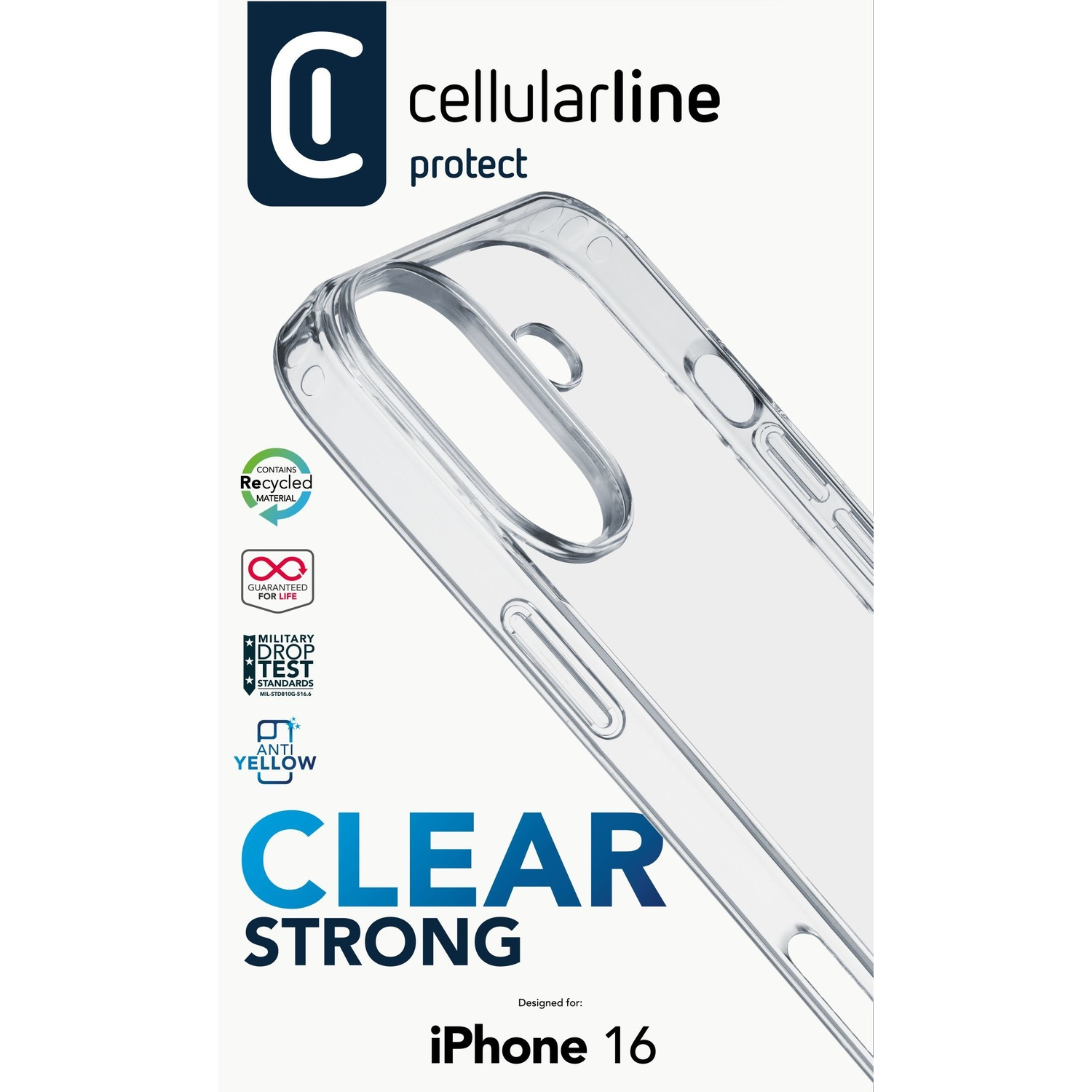Custodia trasparente per iPhone 16 con testo 'Clear Strong'.