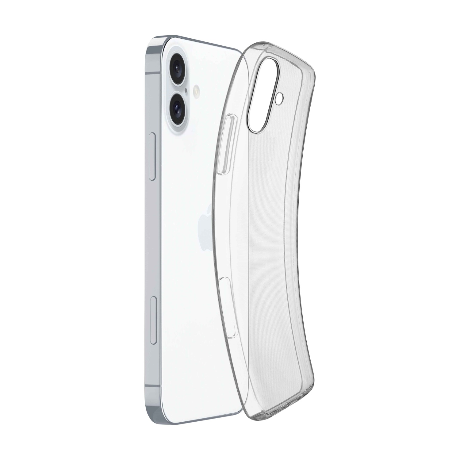 Una cover trasparente per telefono giace accanto a uno smartphone bianco.