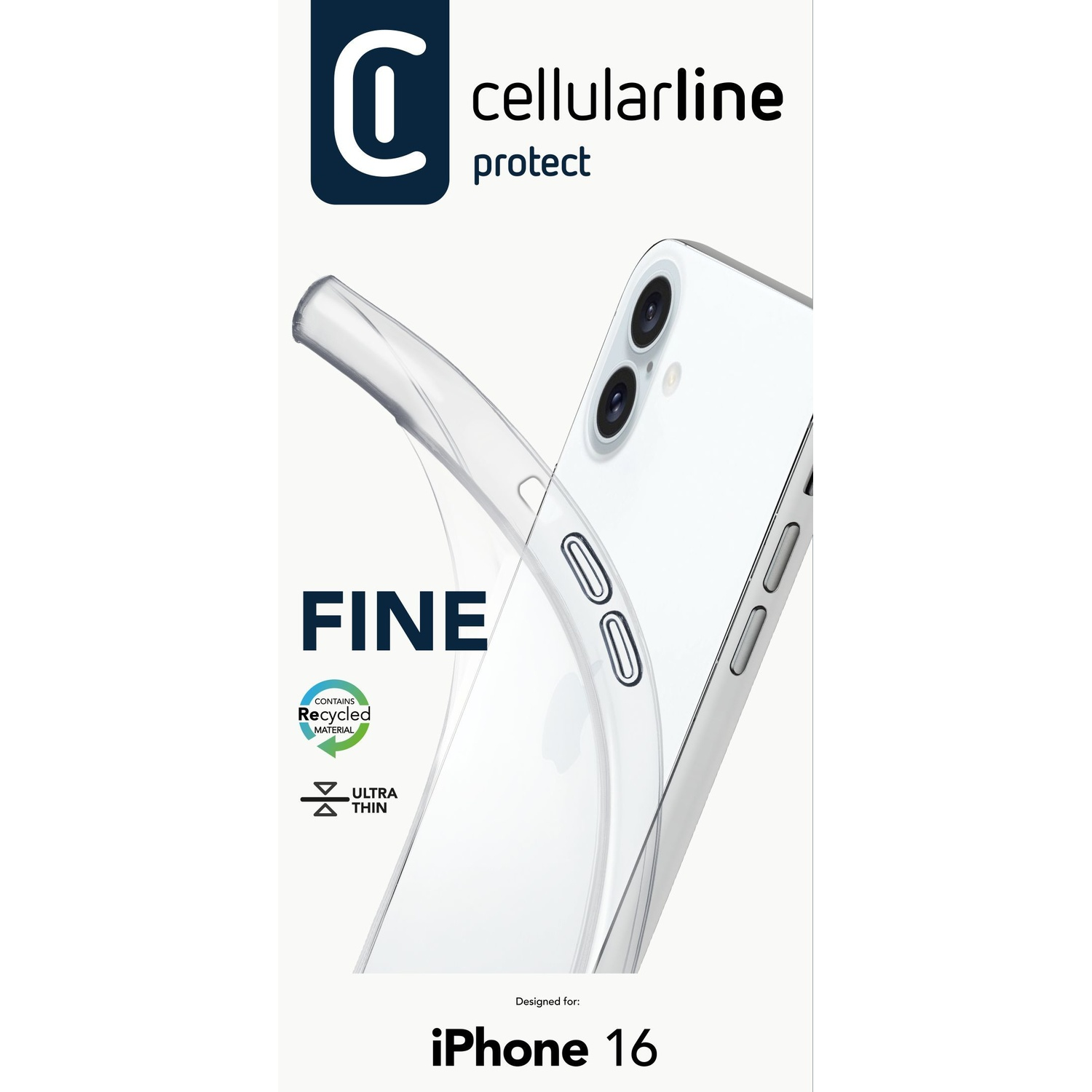 Custodia trasparente per iPhone 16, ultrasottile, in materiale riciclato.