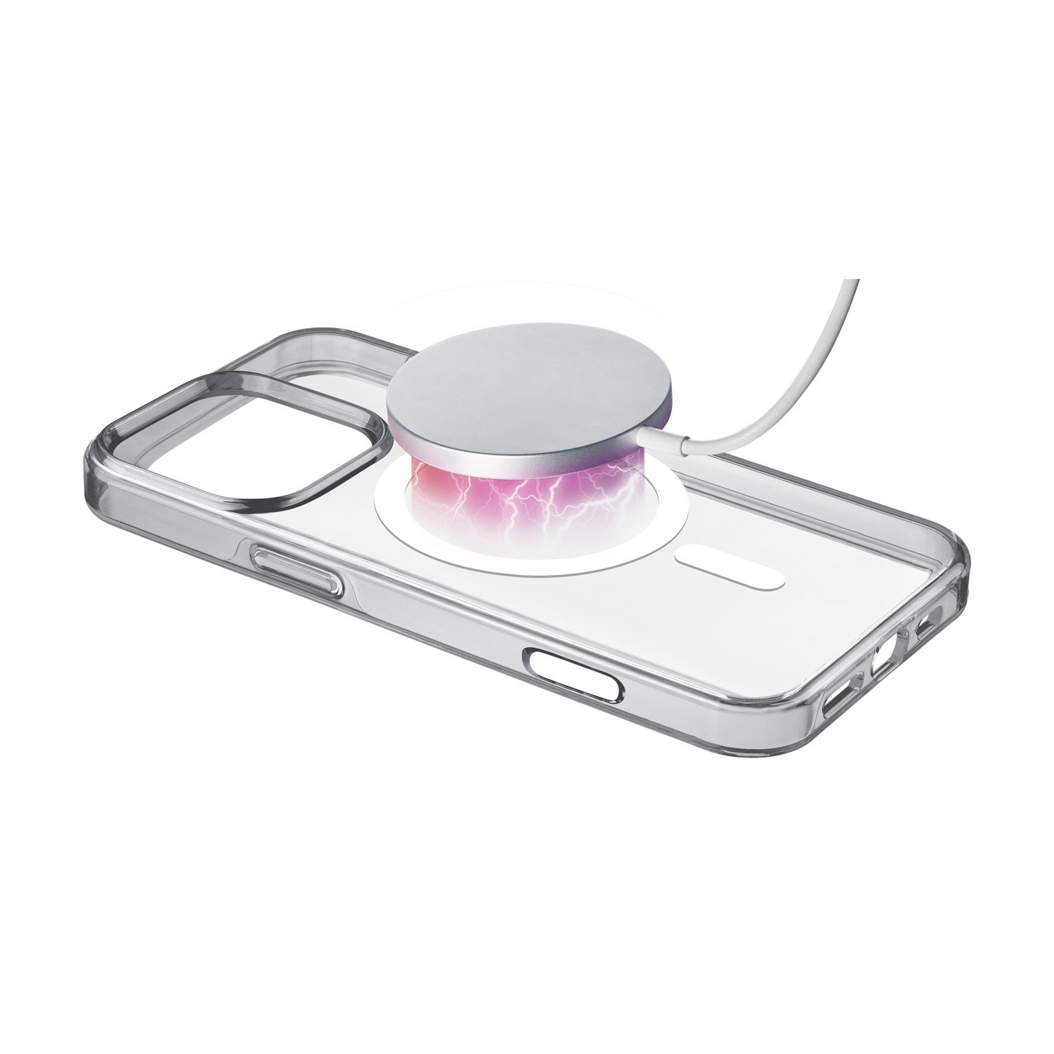 Custodia trasparente per telefono con piastra di ricarica magnetica.