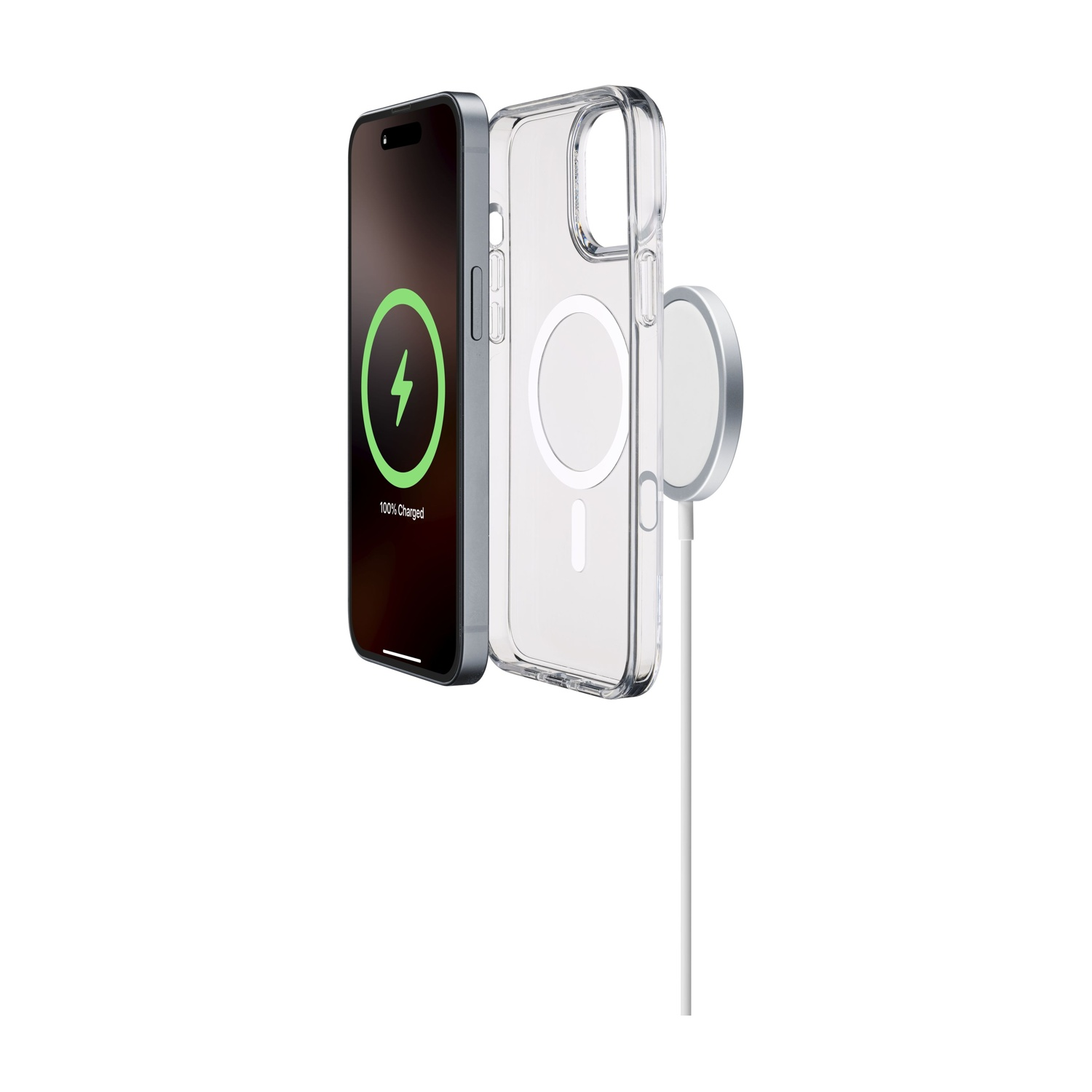 Uno smartphone con icona di ricarica e testo 100% carico, accanto a una custodia trasparente.