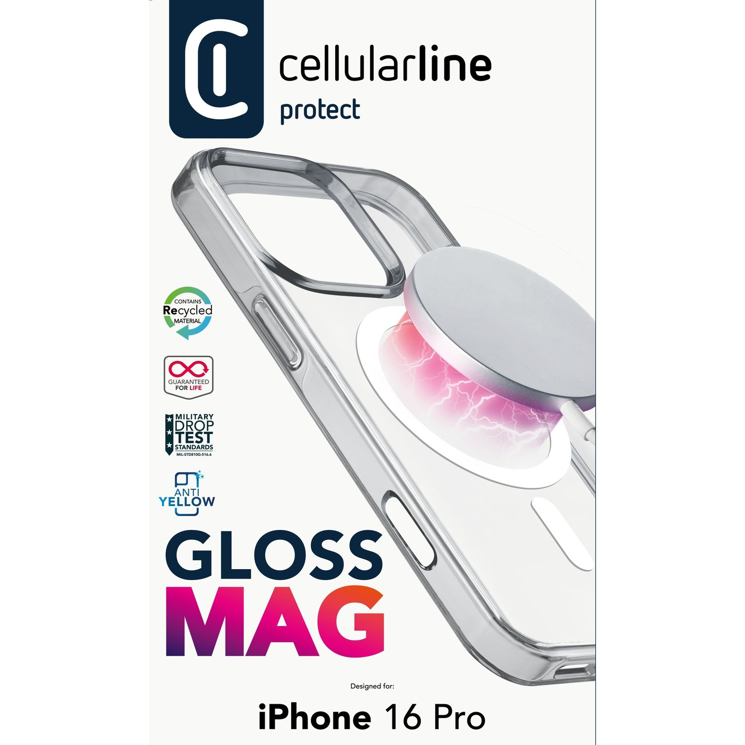 Custodia trasparente per iPhone 16 Pro con anello magnetico e sigilli.