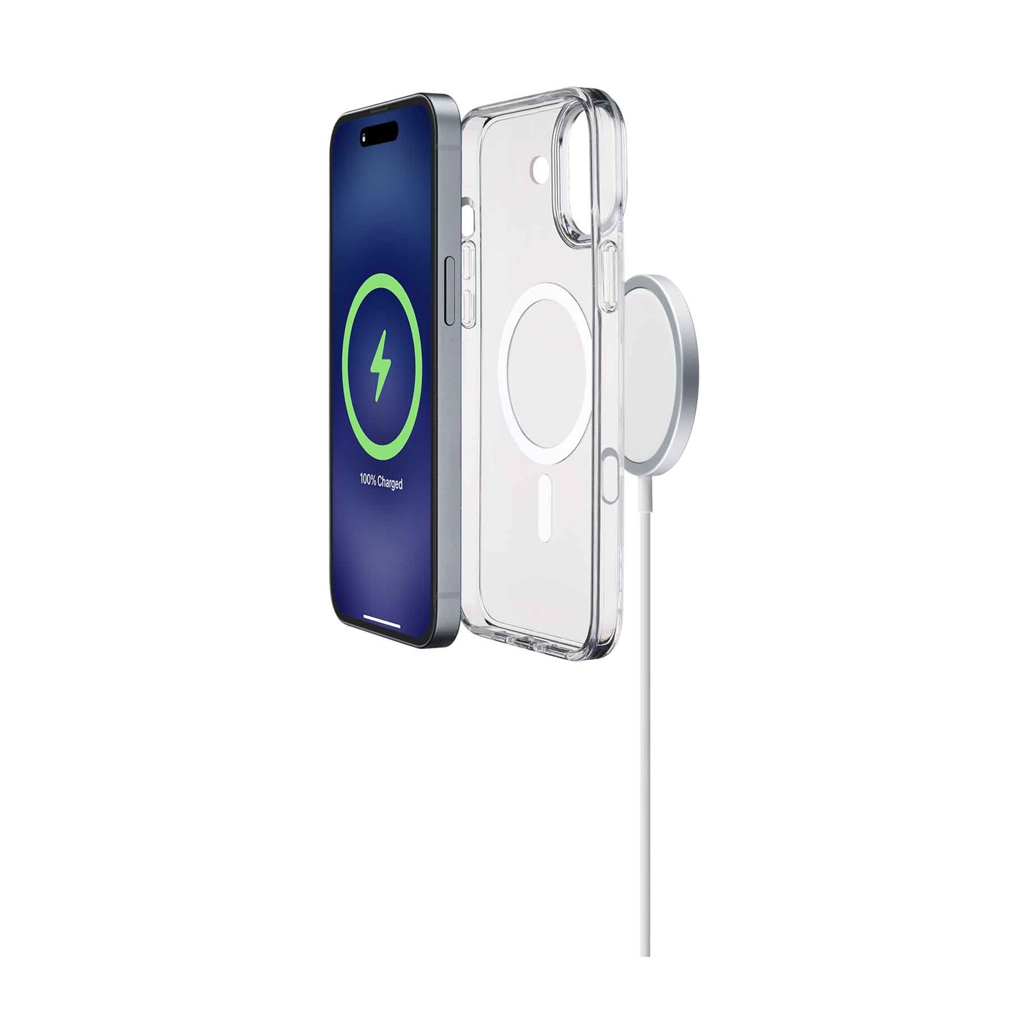 Un iPhone mostra un'icona di ricarica tenuto da una custodia trasparente e caricabatterie.