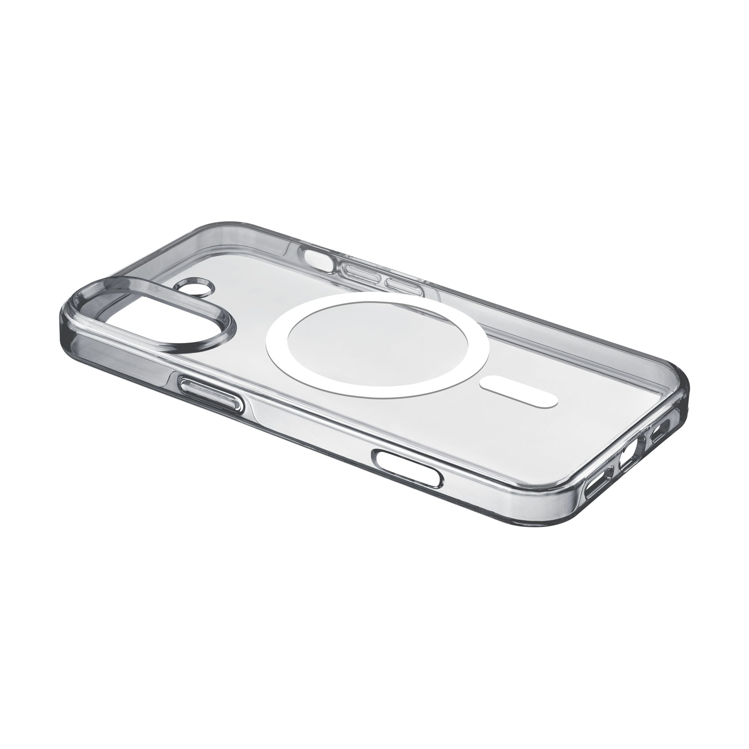 Custodia trasparente per telefono con anello magnetico bianco e ritagli.