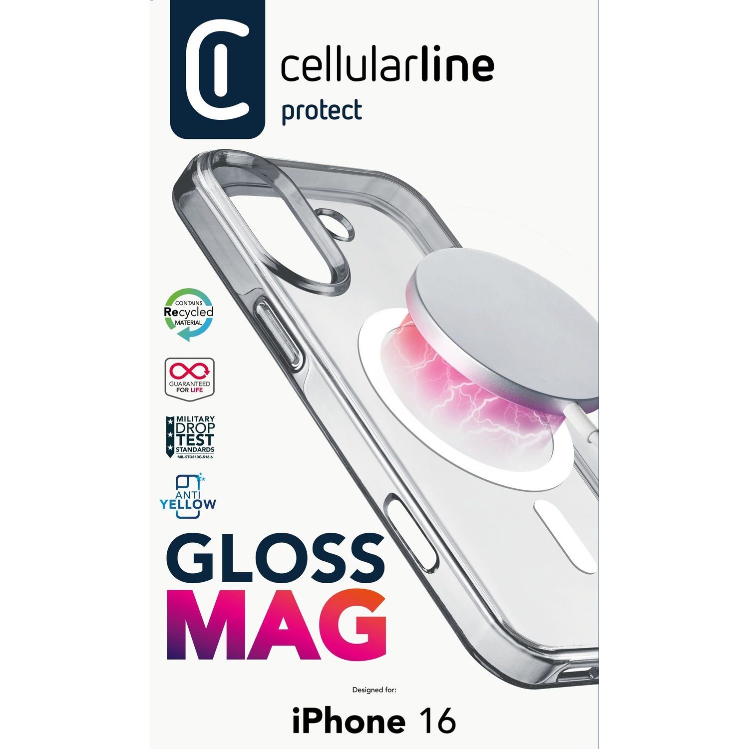 Custodia trasparente per iPhone 16 con stampa "Gloss Mag" e anello.