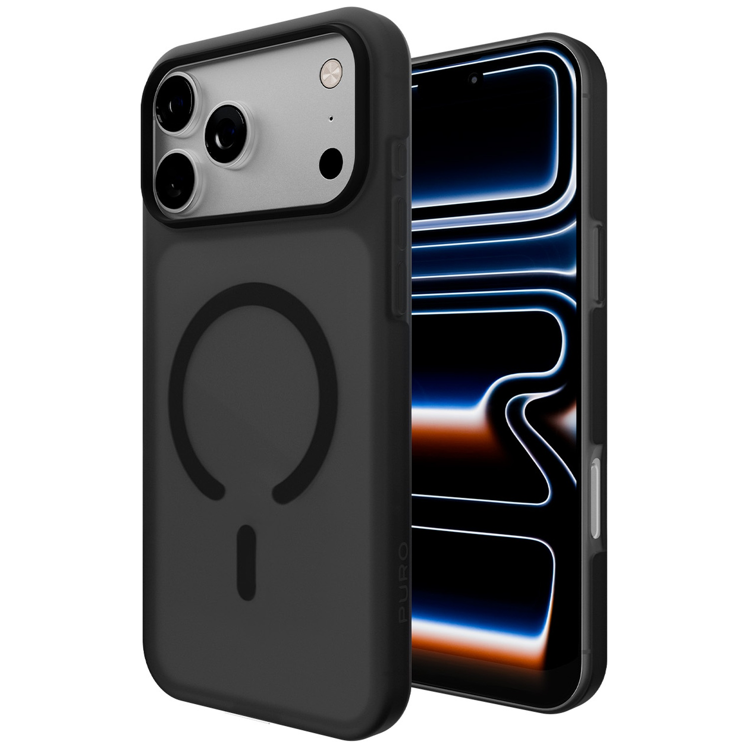 Coque de téléphone noire avec logo cercle MagSafe à côté d'un smartphone à écran bleu.