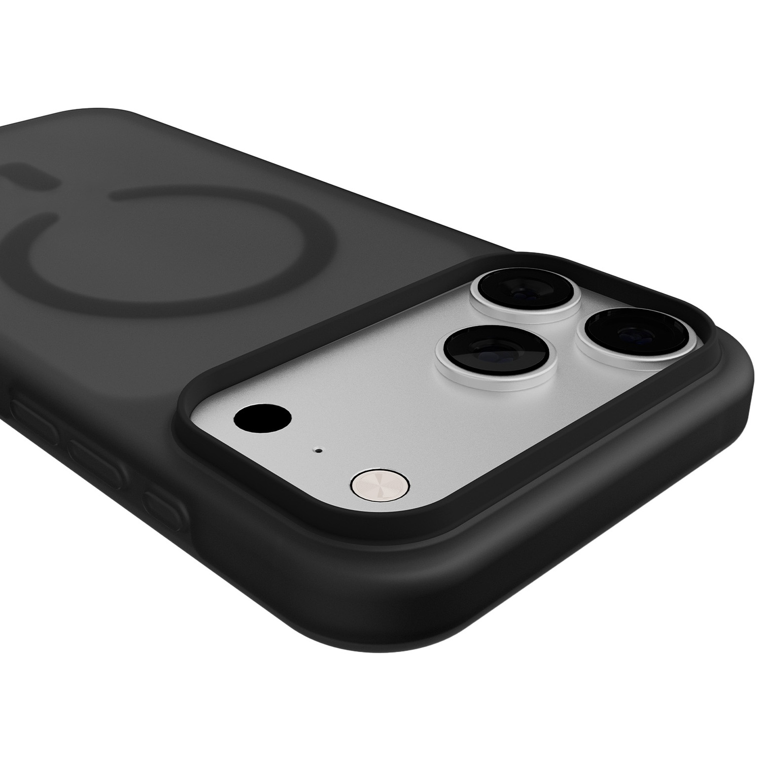 Coque de téléphone noire avec logo circulaire et triple appareil photo.