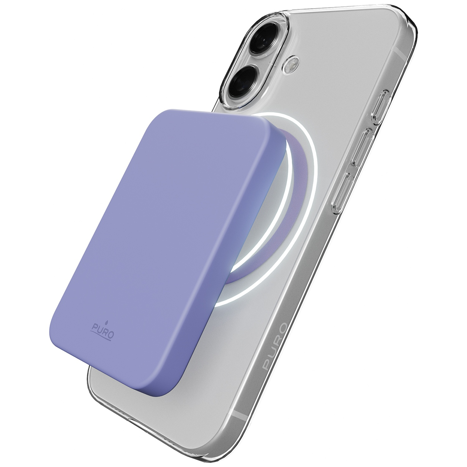 Une batterie MagSafe violette est attachée au dos d'une coque d'iPhone transparente.