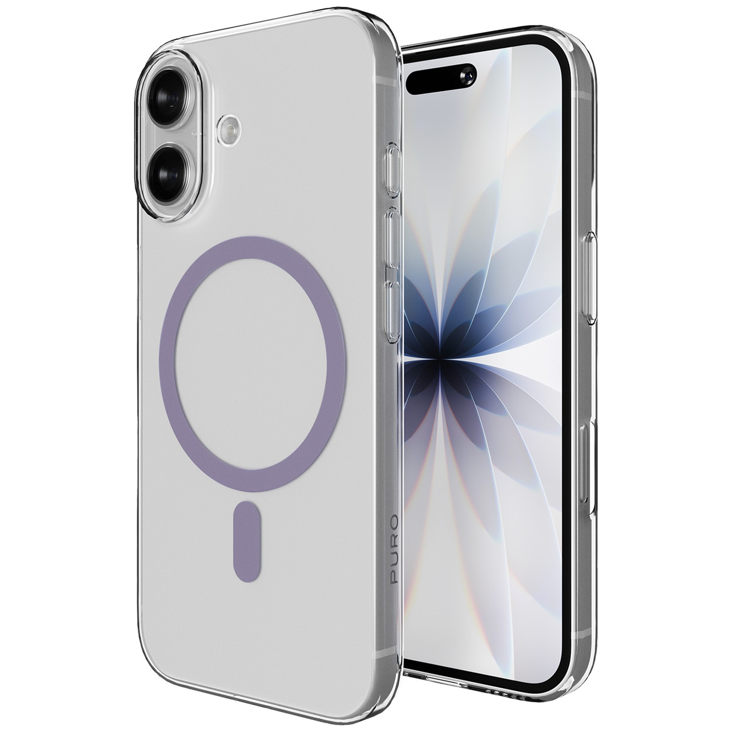Une coque de téléphone transparente avec un anneau MagSafe violet sur fond blanc.