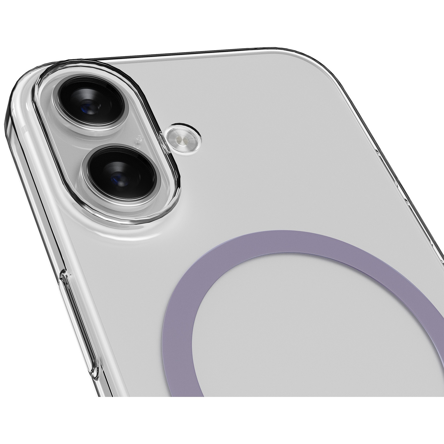 Coque de téléphone transparente avec deux caméras et un anneau violet.