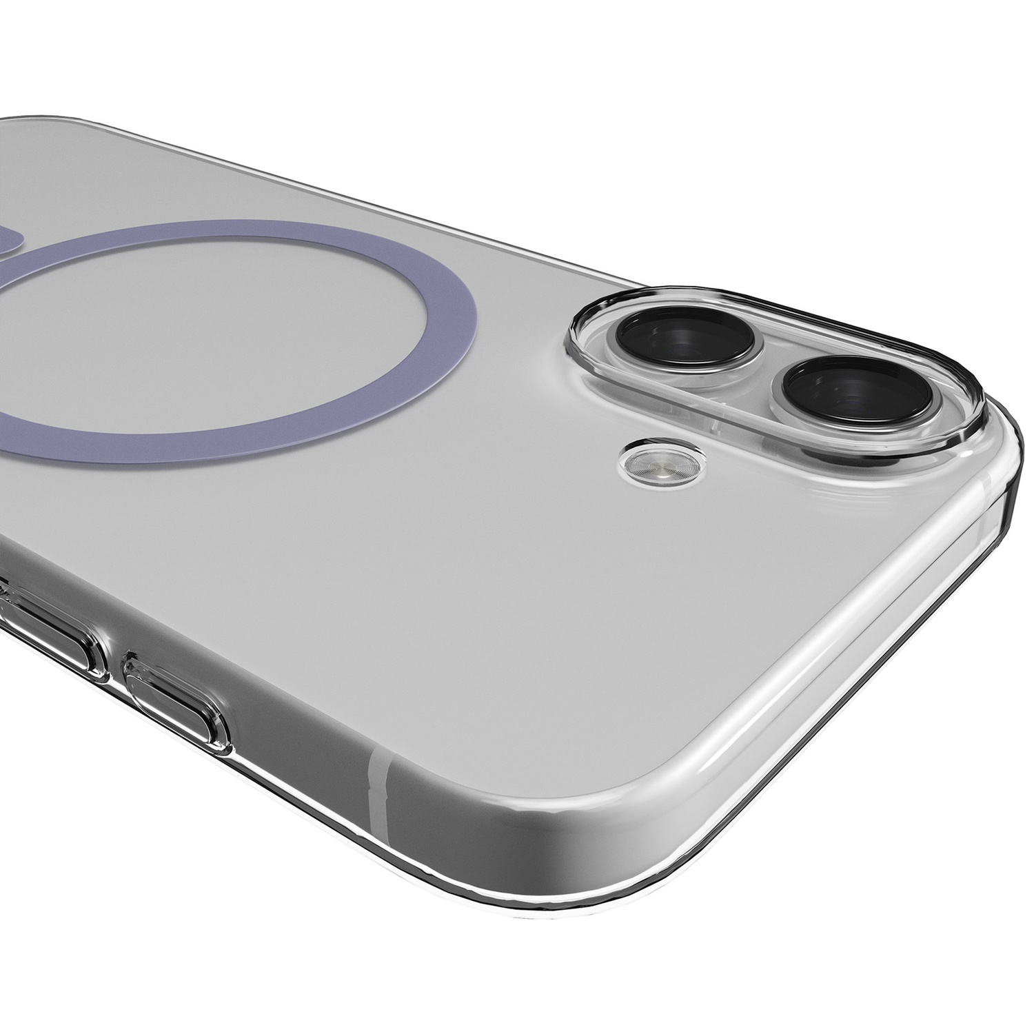 Une coque de téléphone transparente avec un renflement double caméra et détail circulaire.