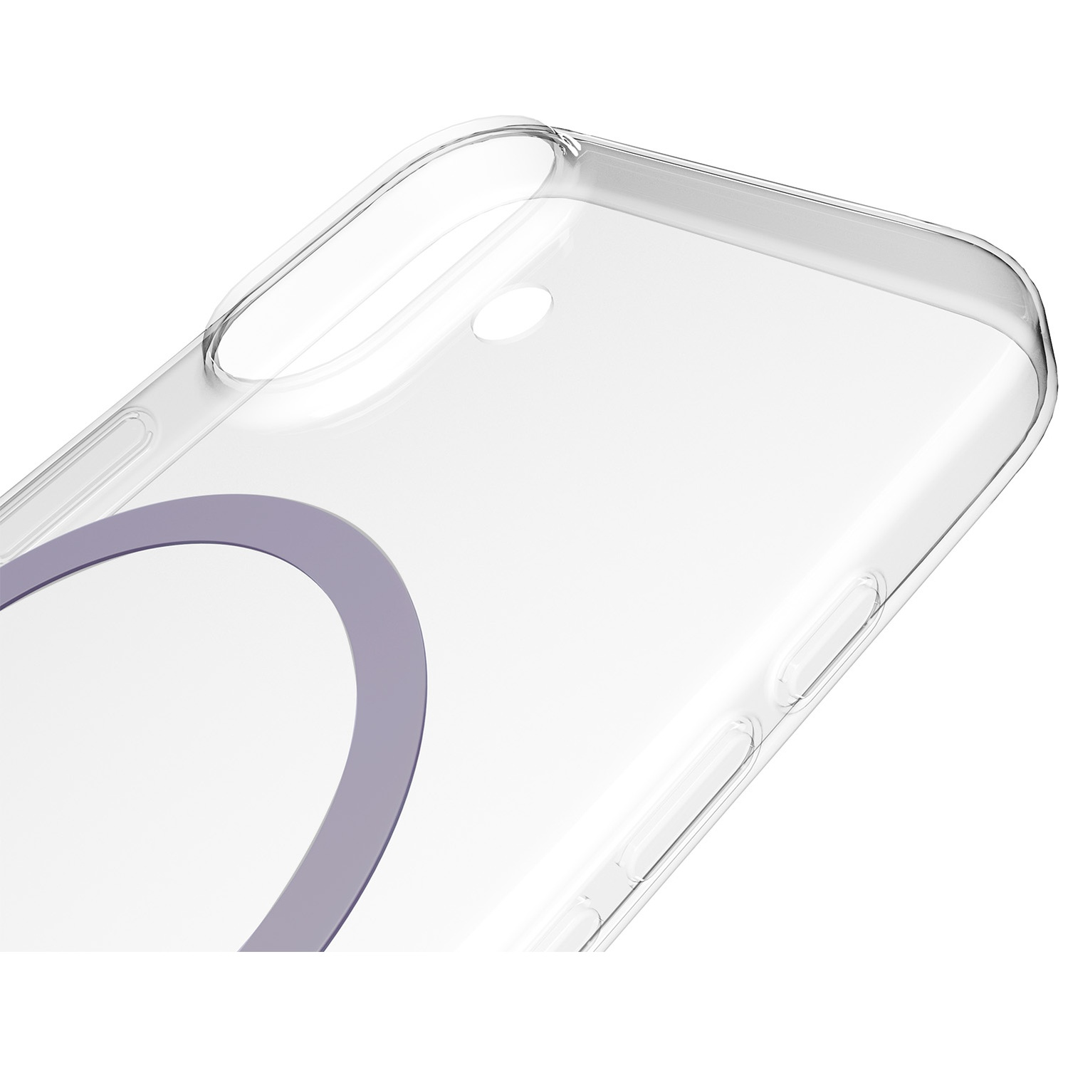 Coque transparente avec anneau violet sur fond blanc.