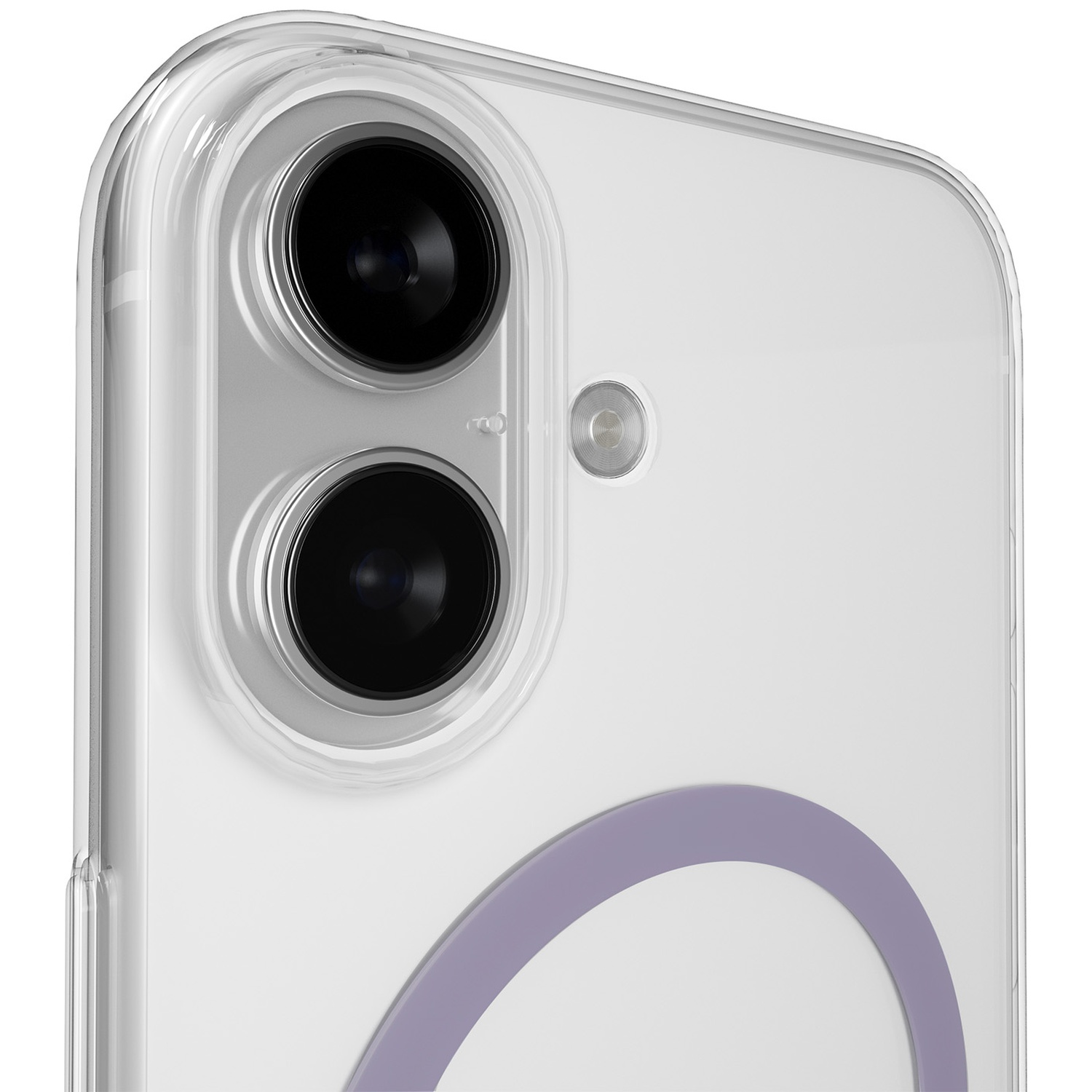 Arrière d'un smartphone blanc avec deux caméras et un arc violet.