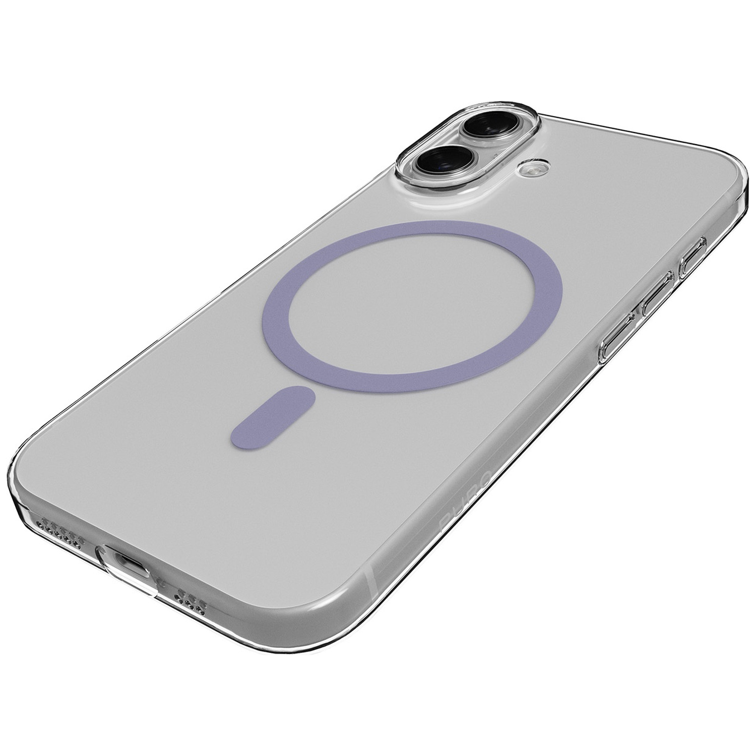 Coque de téléphone transparente avec anneau violet et port de charge.