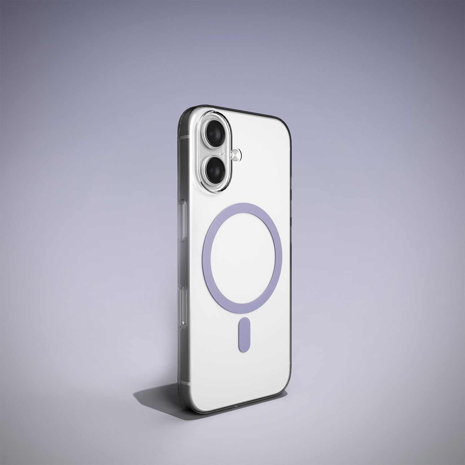 Un smartphone blanc dans un étui transparent avec un anneau et ovale violet.