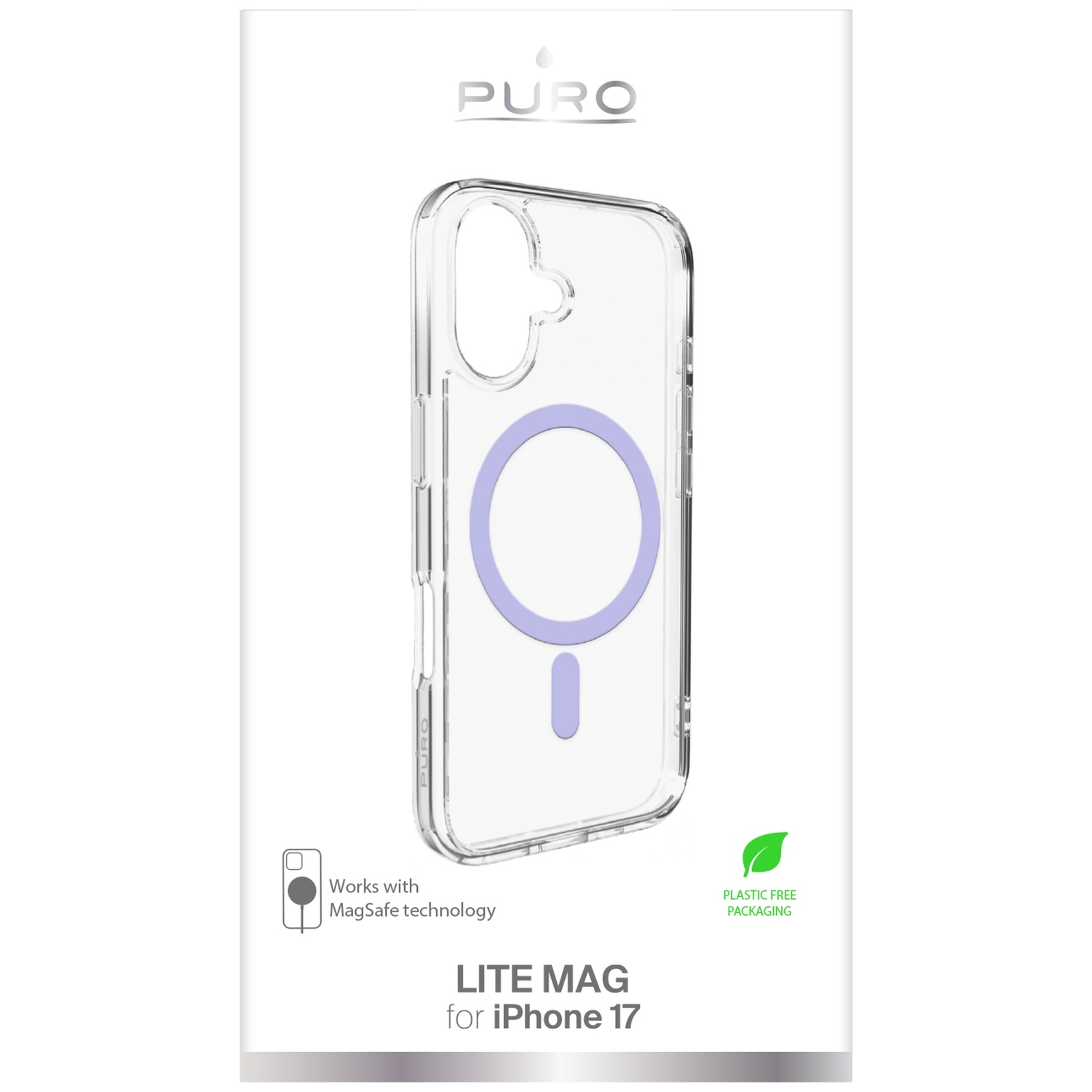 Coque iPhone transparente avec anneau MagSafe violet sur emballage blanc.