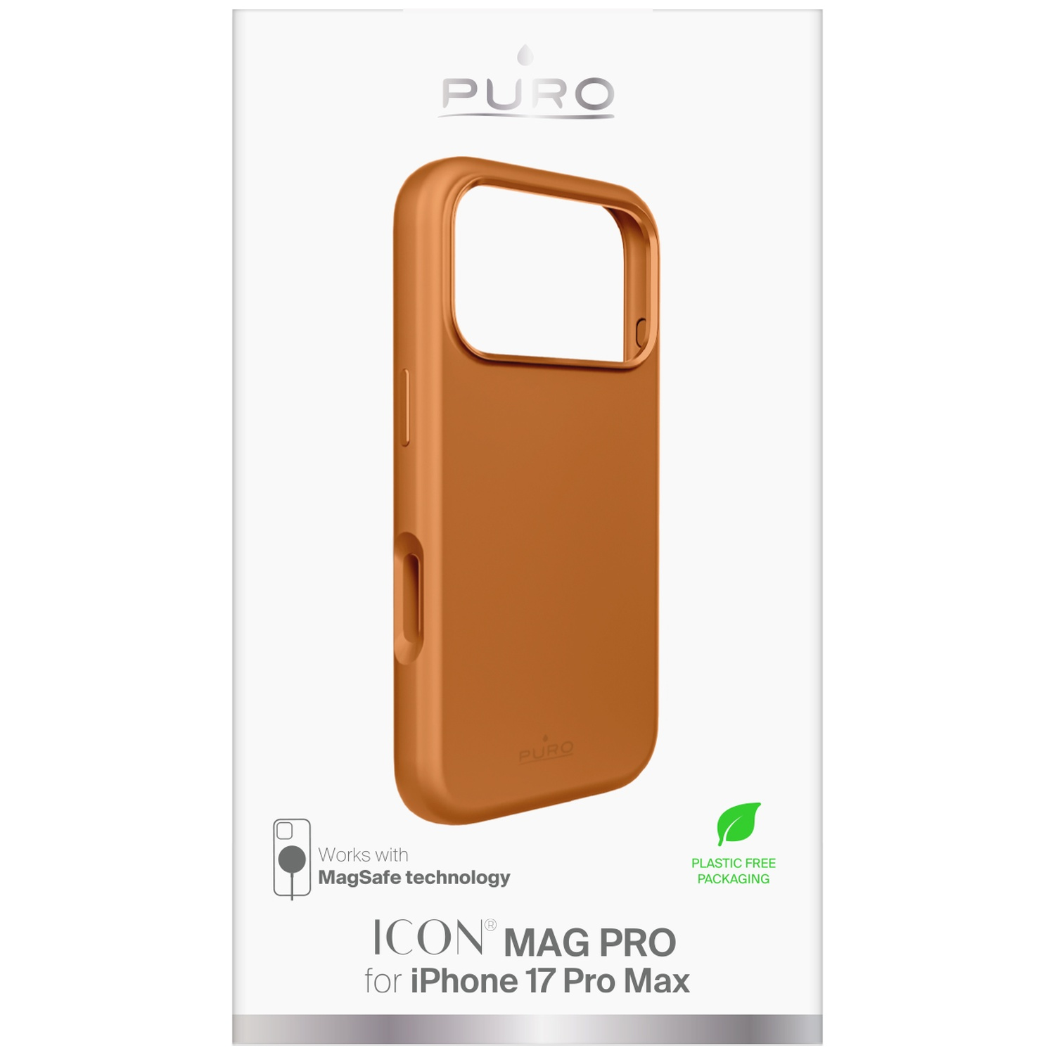 Coque orange PURO pour iPhone 17 Pro Max avec MagSafe, emballage sans plastique.