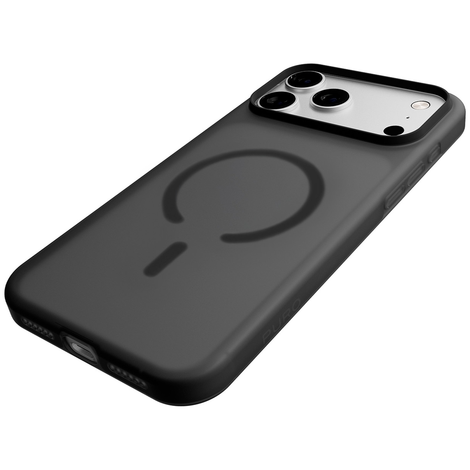 Coque de téléphone noire avec cercle magnétique et trois caméras.