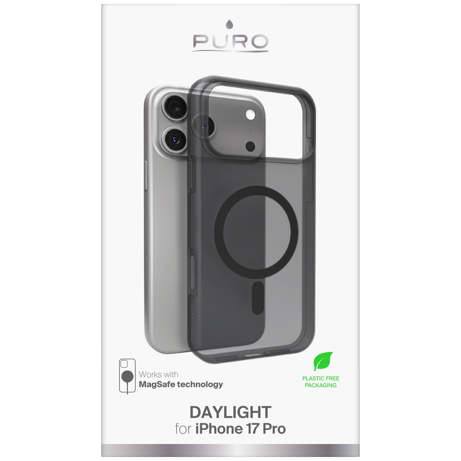 Coque transparente pour iPhone 17 Pro avec MagSafe, sur emballage blanc.