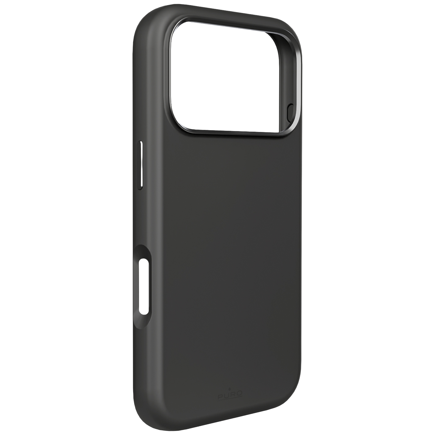Een zwarte Puro telefoonhoes met een uitsparing voor de cameralens.