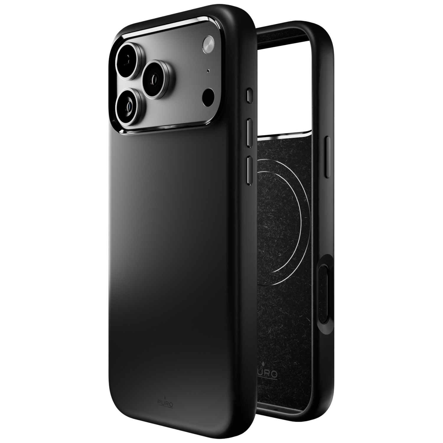 Zwarte telefoonhoes met drie cameralenzen en een zilveren rand.