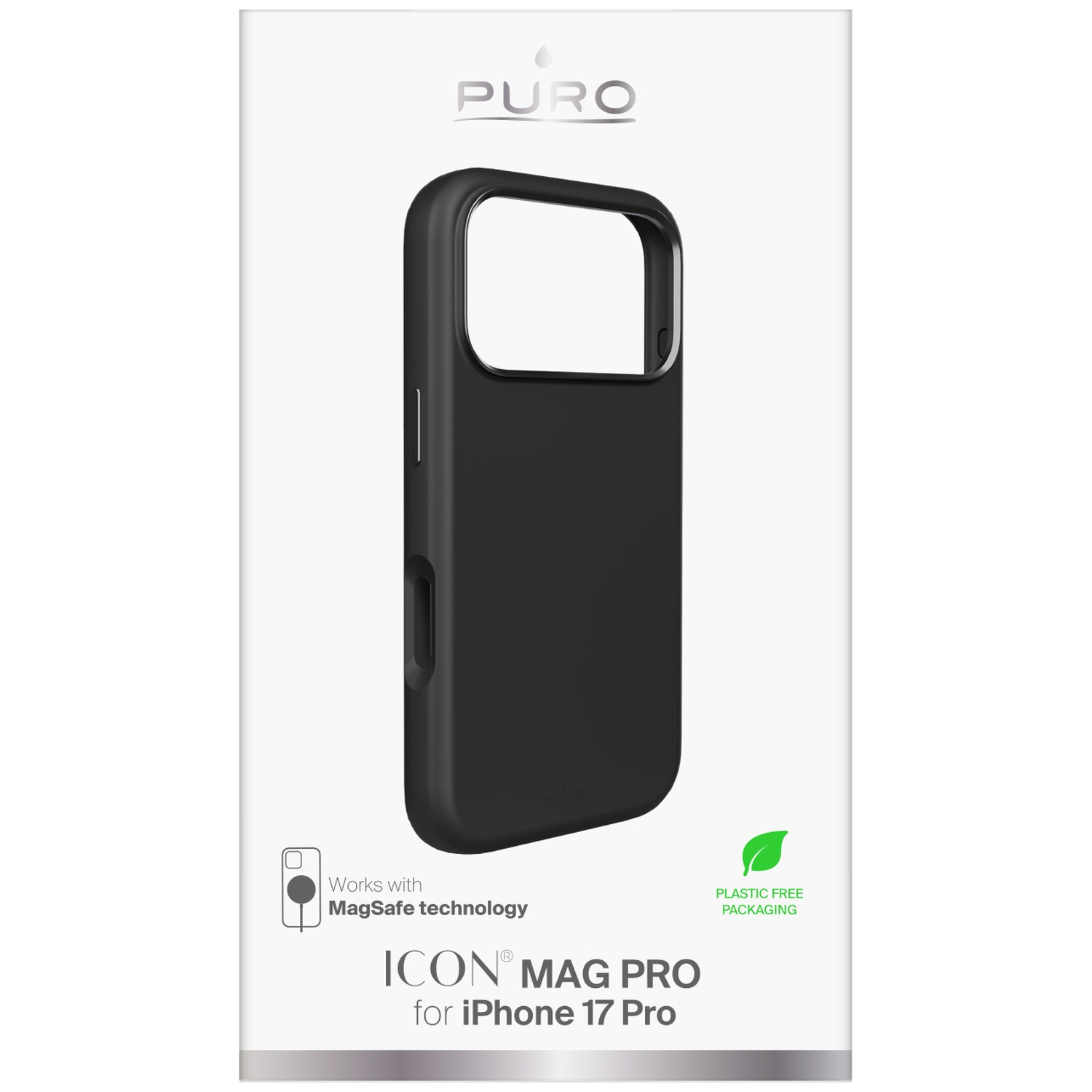 Zwarte iPhone 17 Pro hoes met MagSafe-technologie in Puro-verpakking.