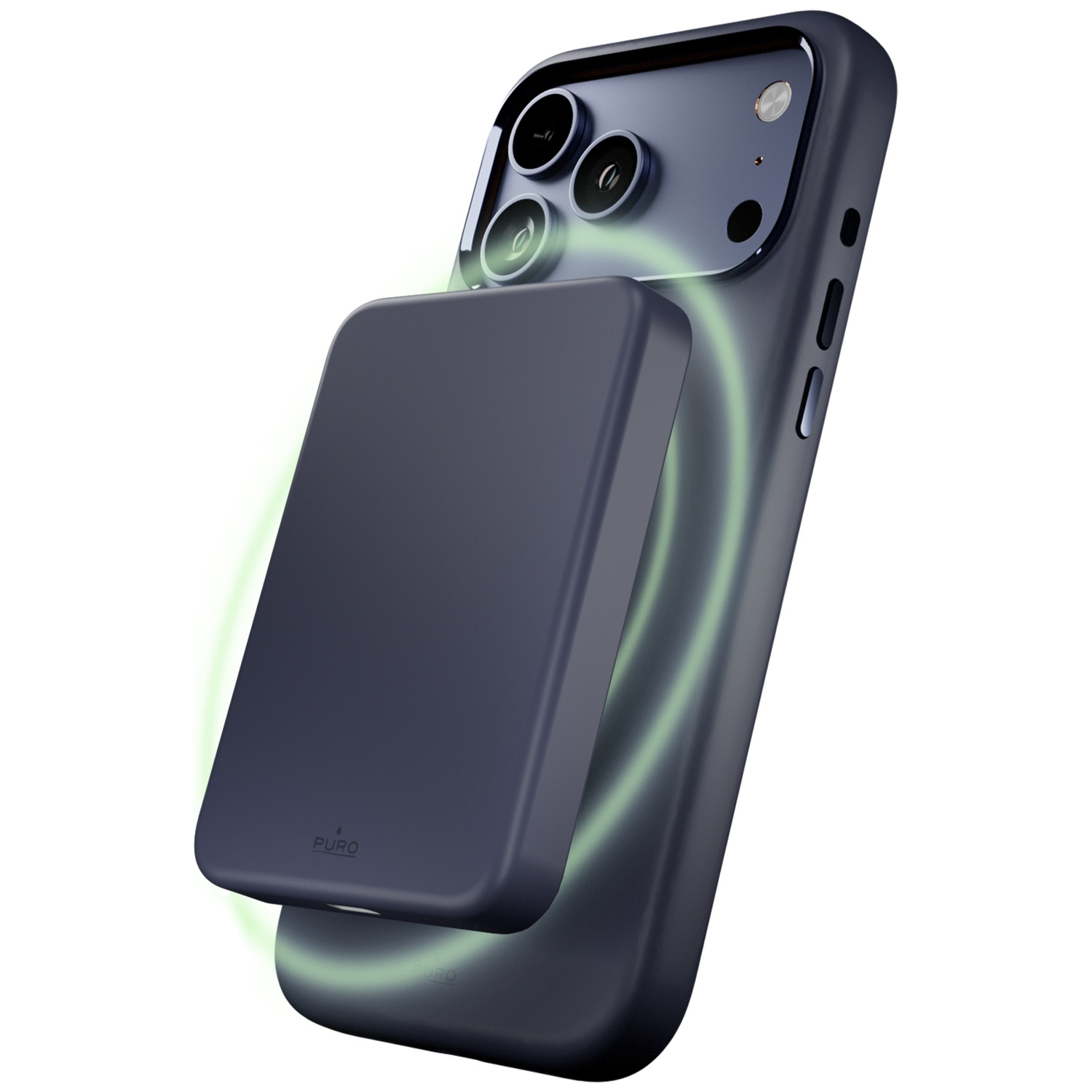 Téléphone gris foncé avec chargeur MagSafe et anneaux lumineux verts.
