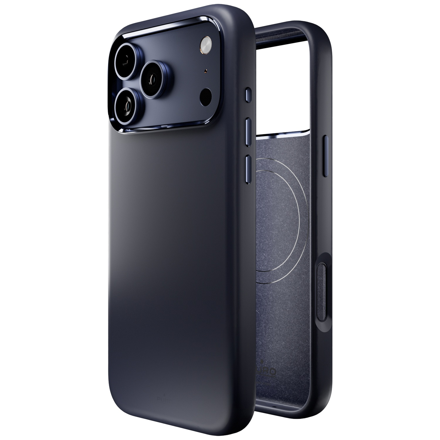 Coque de téléphone bleu foncé avec trois objectifs photo et un cercle de charge.