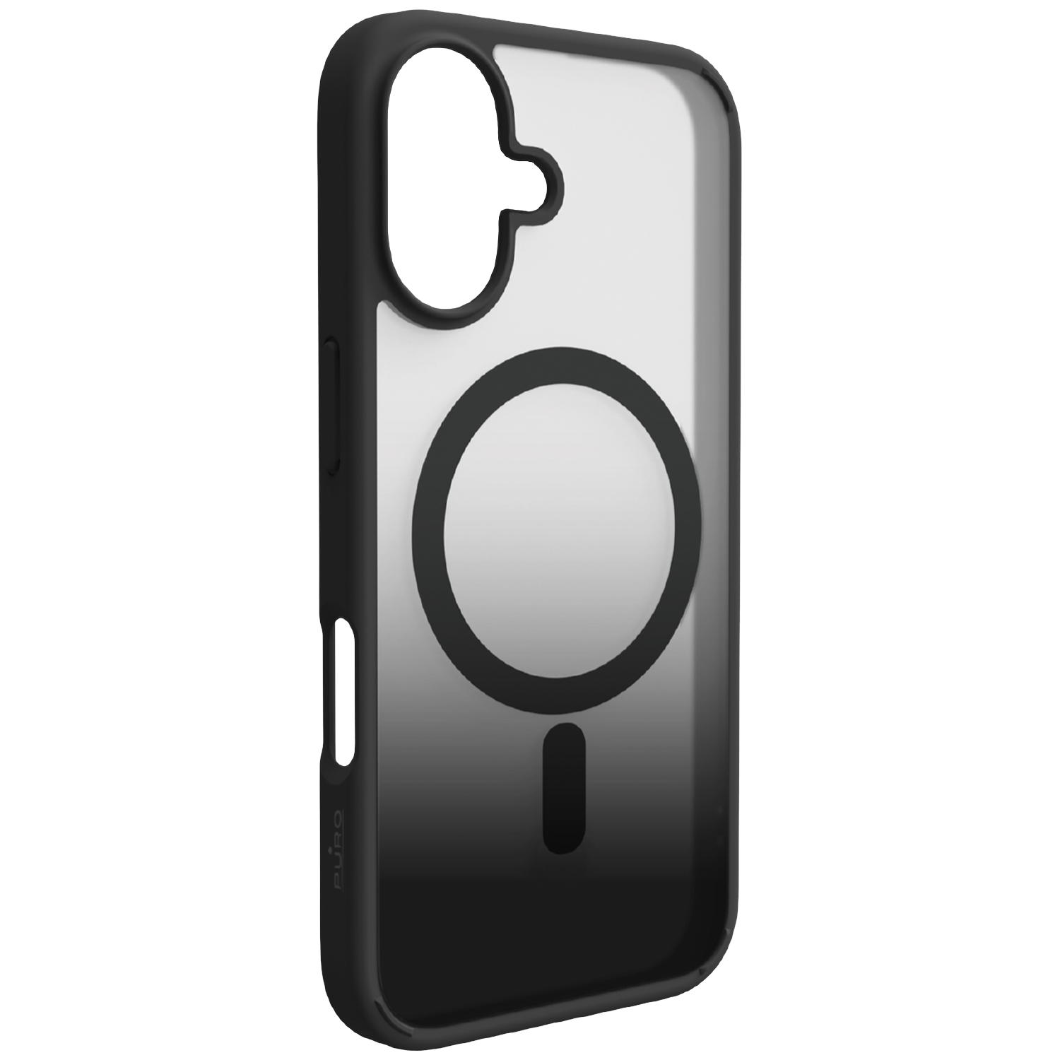 Coque de téléphone noire avec dos transparent et anneau magnétique.