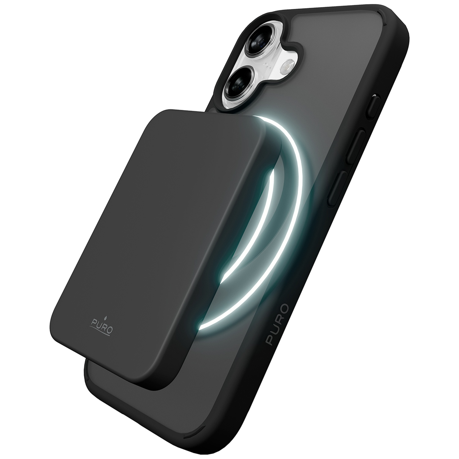 Smartphone noir avec étui de chargement magnétique, gros plan.
