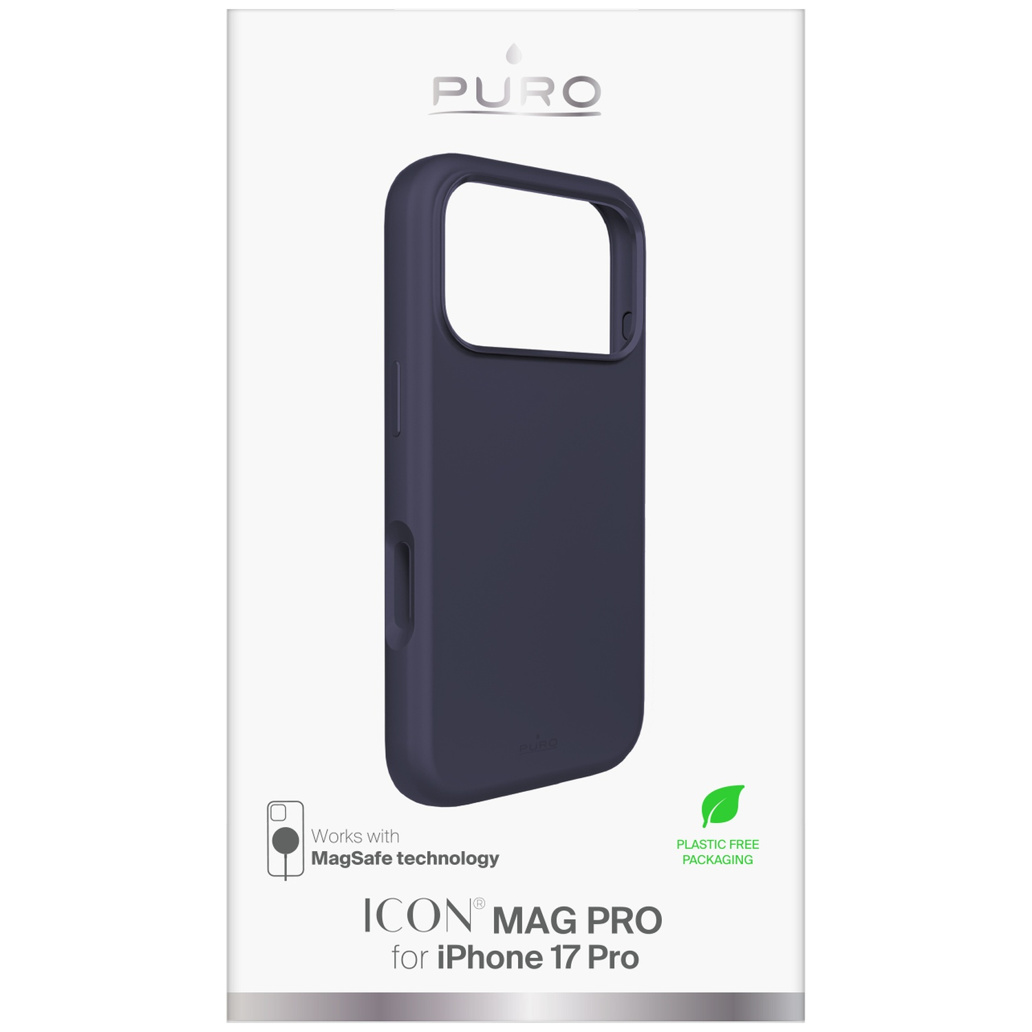 Une coque de téléphone Puro Mag Pro bleu foncé pour iPhone 17 Pro sur son emballage.
