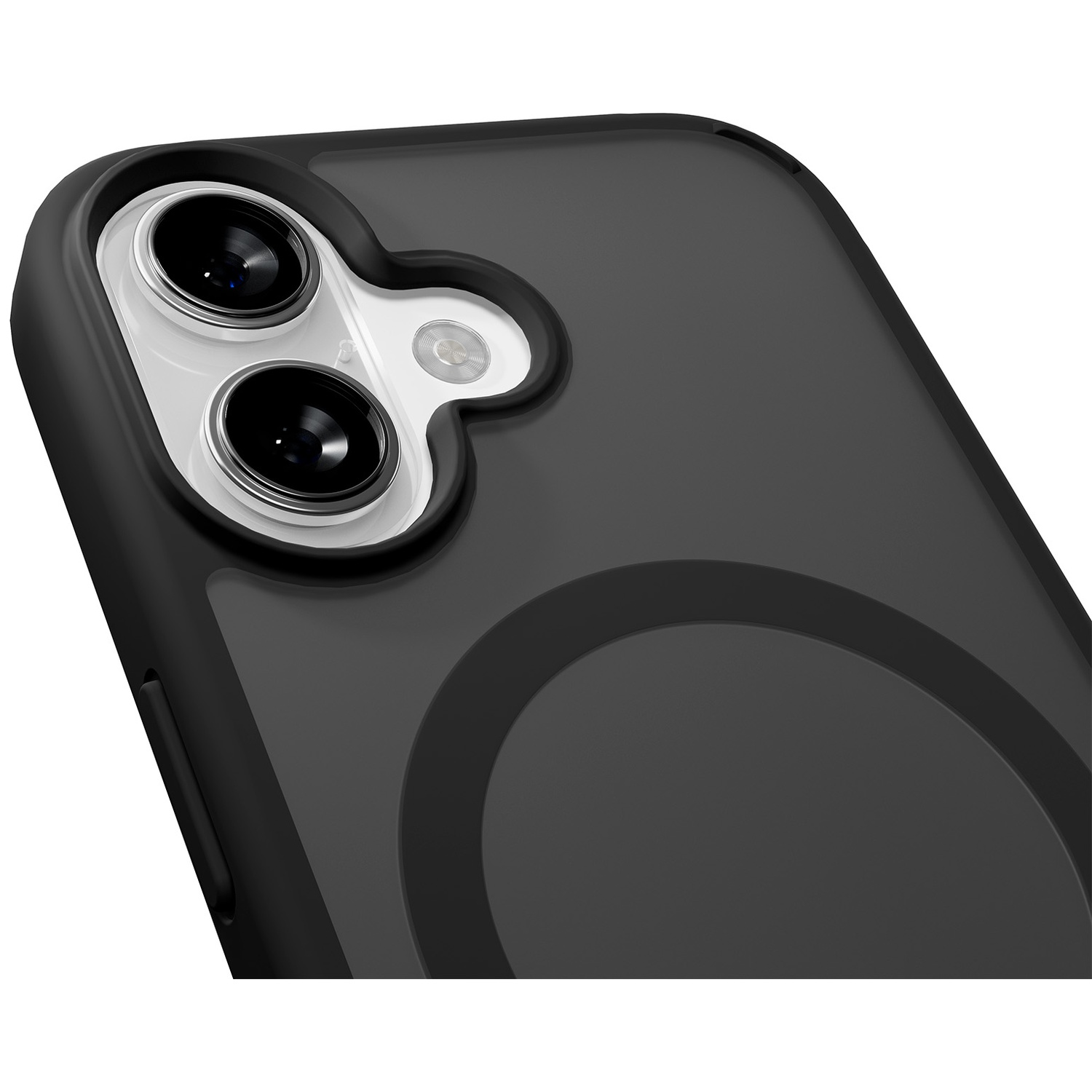 Gros plan d'un étui de téléphone noir avec deux objectifs et un flash.