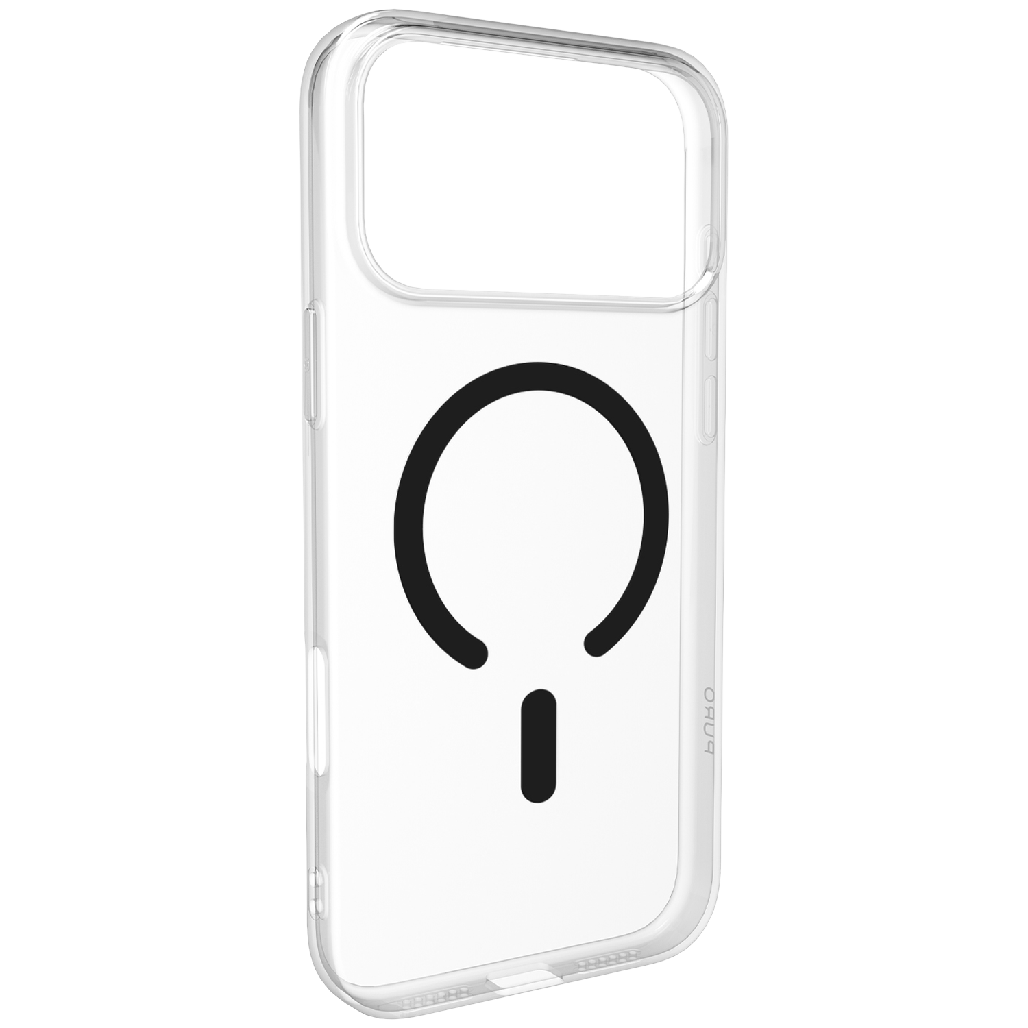 Coque de téléphone transparente avec motif cercle et tiret noirs.