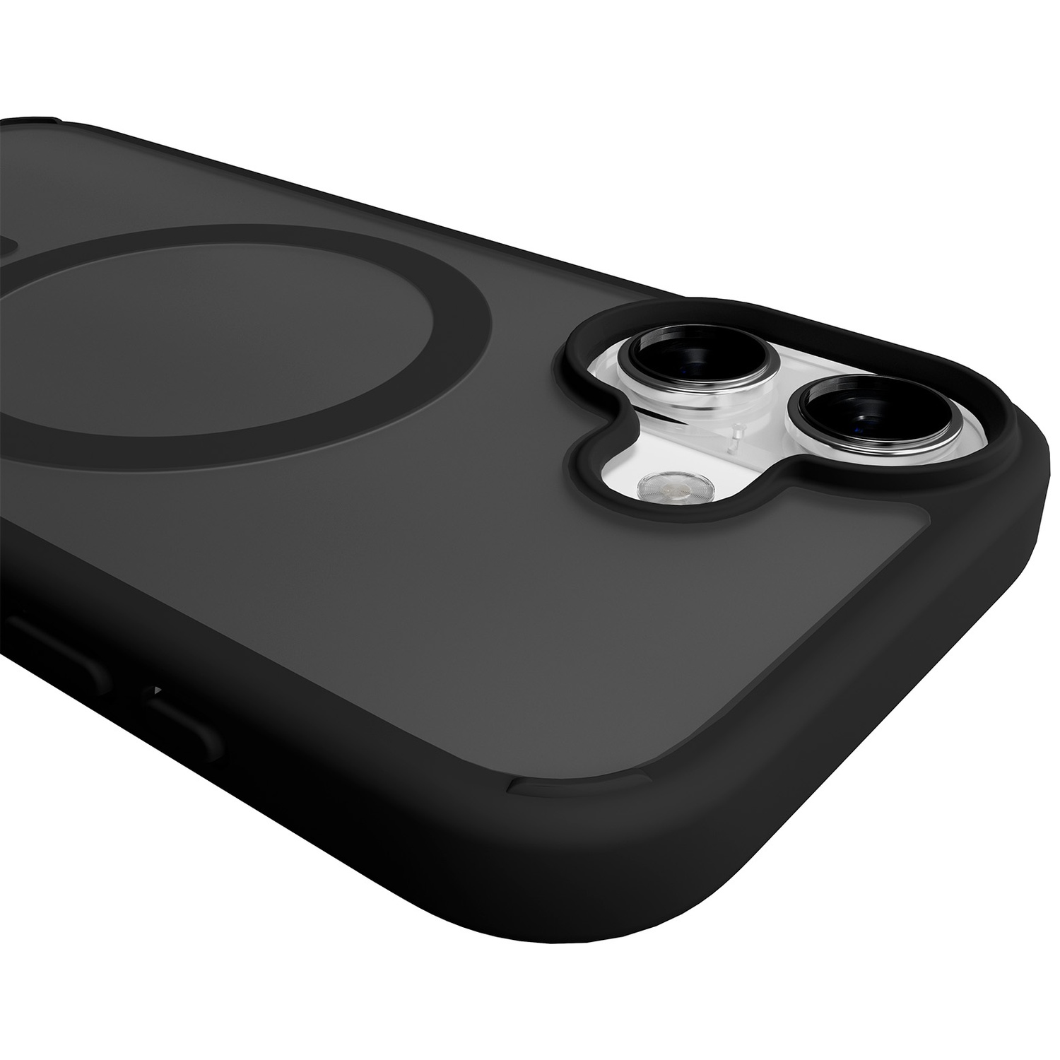 Coque de téléphone noire avec deux objectifs de caméra et un anneau magnétique.